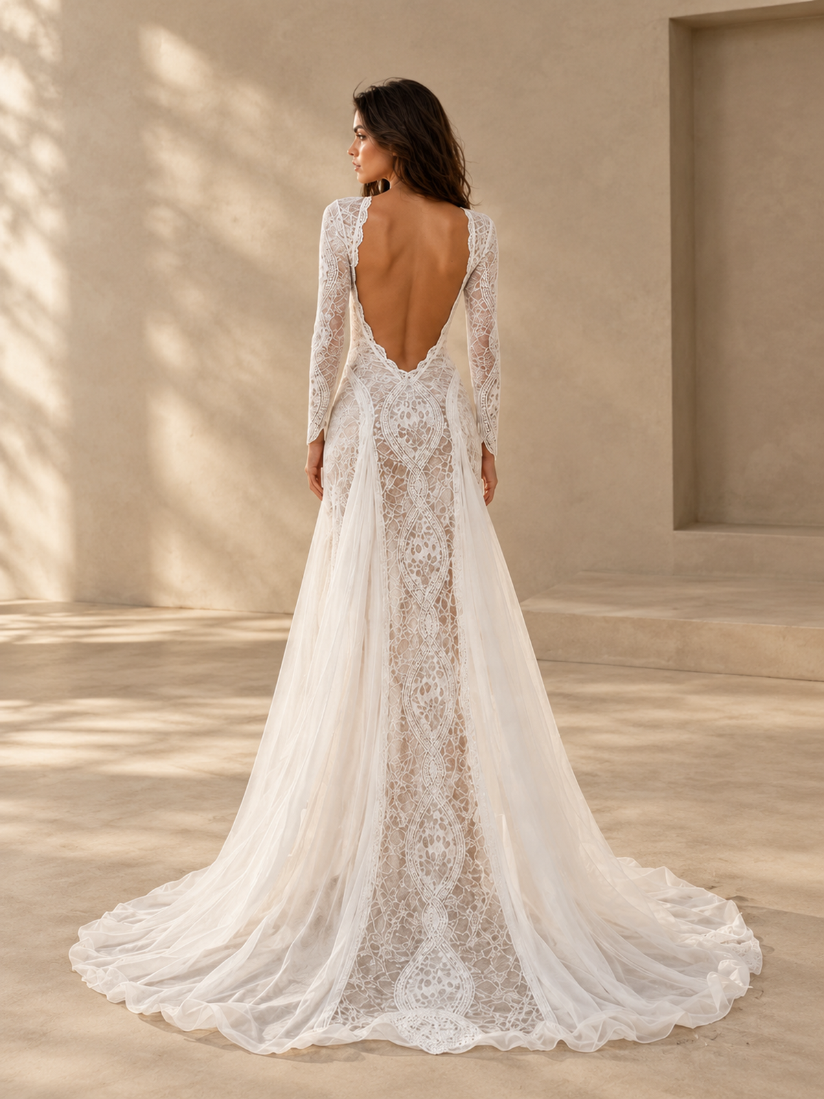 BOLODOO Ivory Long Sleeve Lace Wedding Dress with Open Back and Slit 