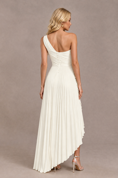BOLODOO Ivory One-Shoulder High-Low Ruffle Maxi Dress 