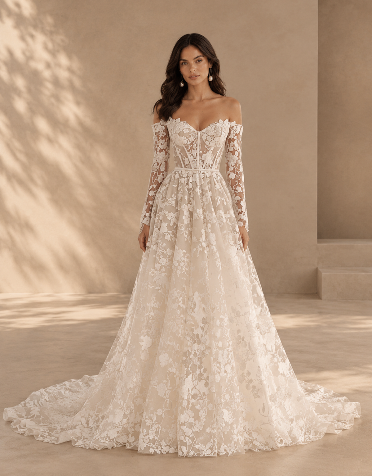 BOLODOO Ivory Off-the-Shoulder Long Sleeve Lace A-Line Wedding Dress with Train 