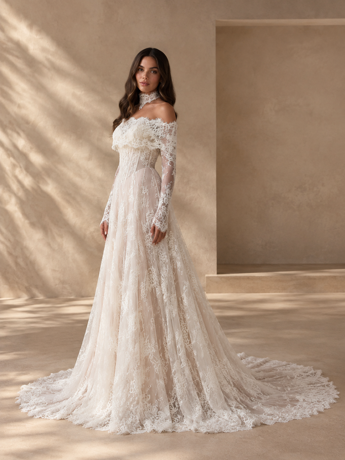 BOLODOO Ivory Off-the-Shoulder Long Sleeve Lace A-Line Wedding Dress 