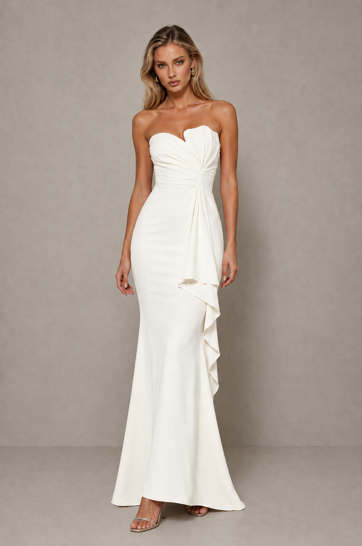 BOLODOO Ivory Strapless Sweetheart Ruched Mermaid Gown | Cascade Drape Formal Evening Dress 