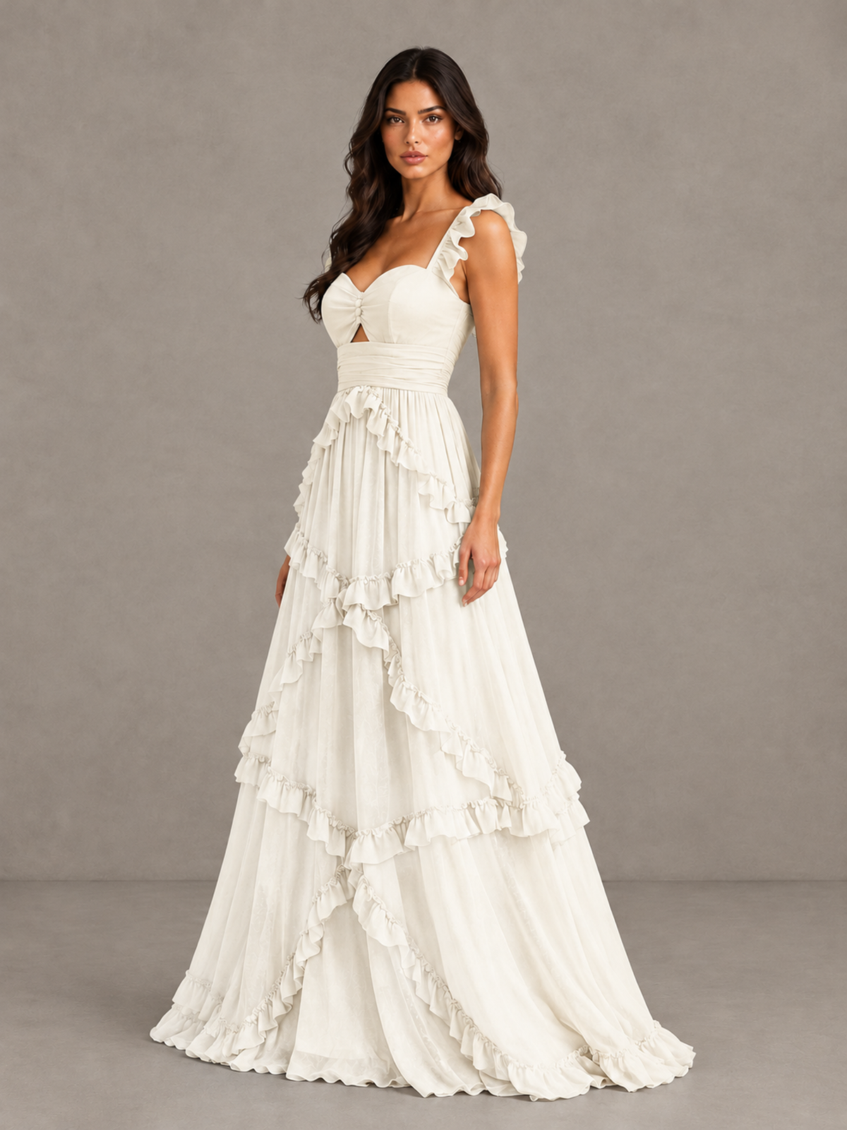 BOLODOO Ivory Ruffle A-Line Prom Dress with Open Back 