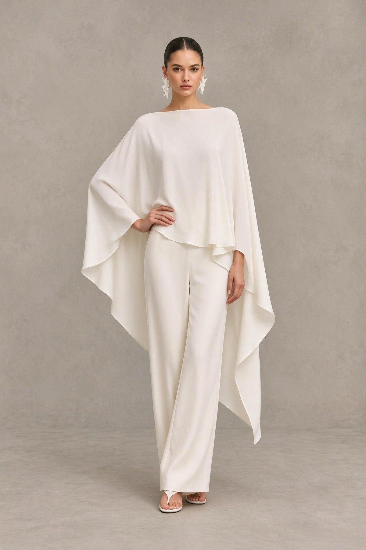BOLODOO Ivory Cape Sleeve Wide-Leg Formal Pantsuit 