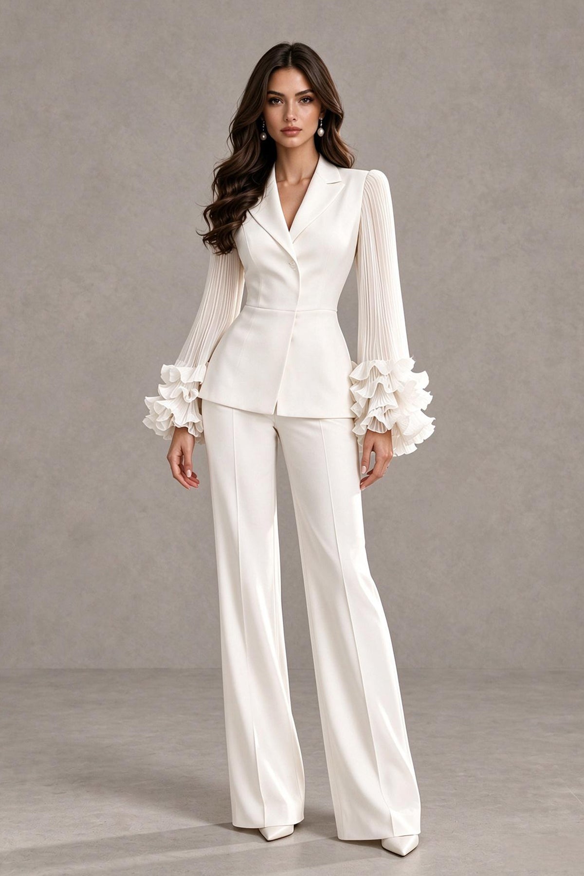 Ivory wide leg pant suit with notch lapel and layered ruffle cuffs, three-quarter side view, BOLODOO