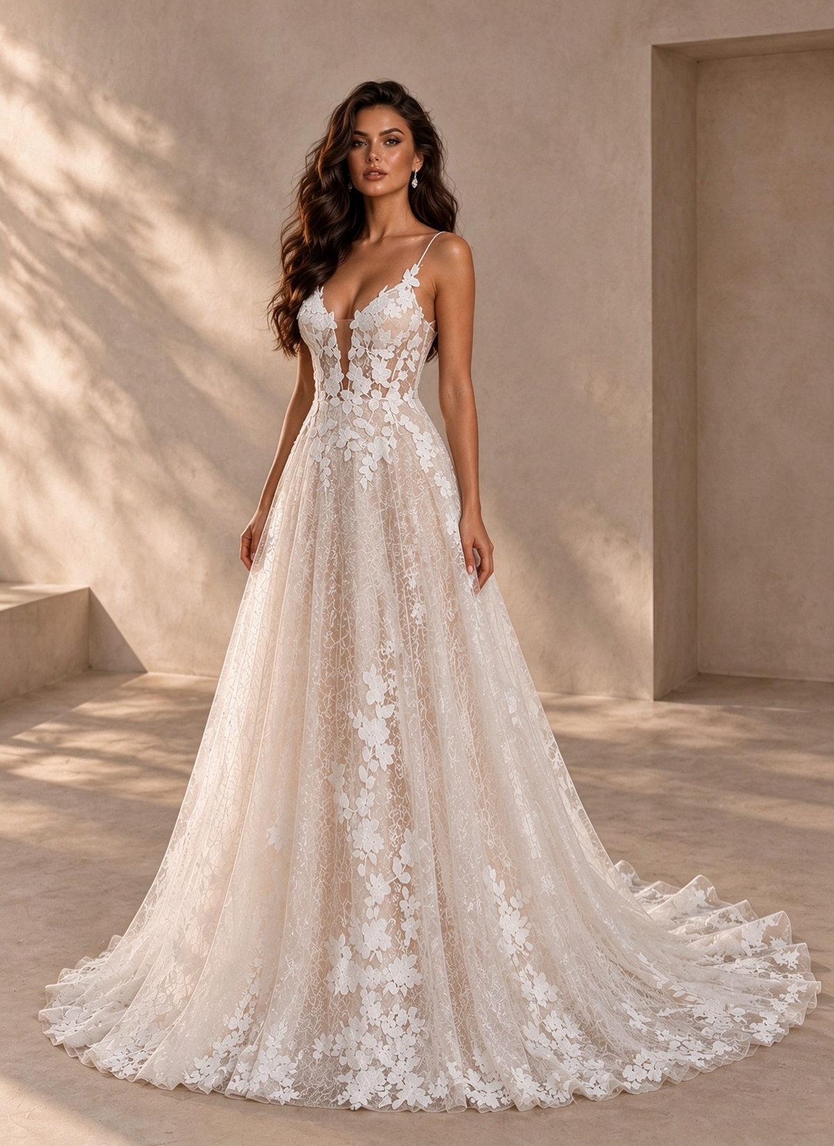 BOLODOO Ivory Floral Lace A-Line Wedding Dress with Open Back 