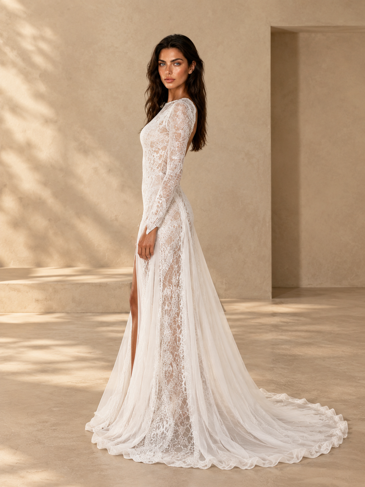 BOLODOO Ivory Long Sleeve Lace Wedding Dress with Open Back and Slit 