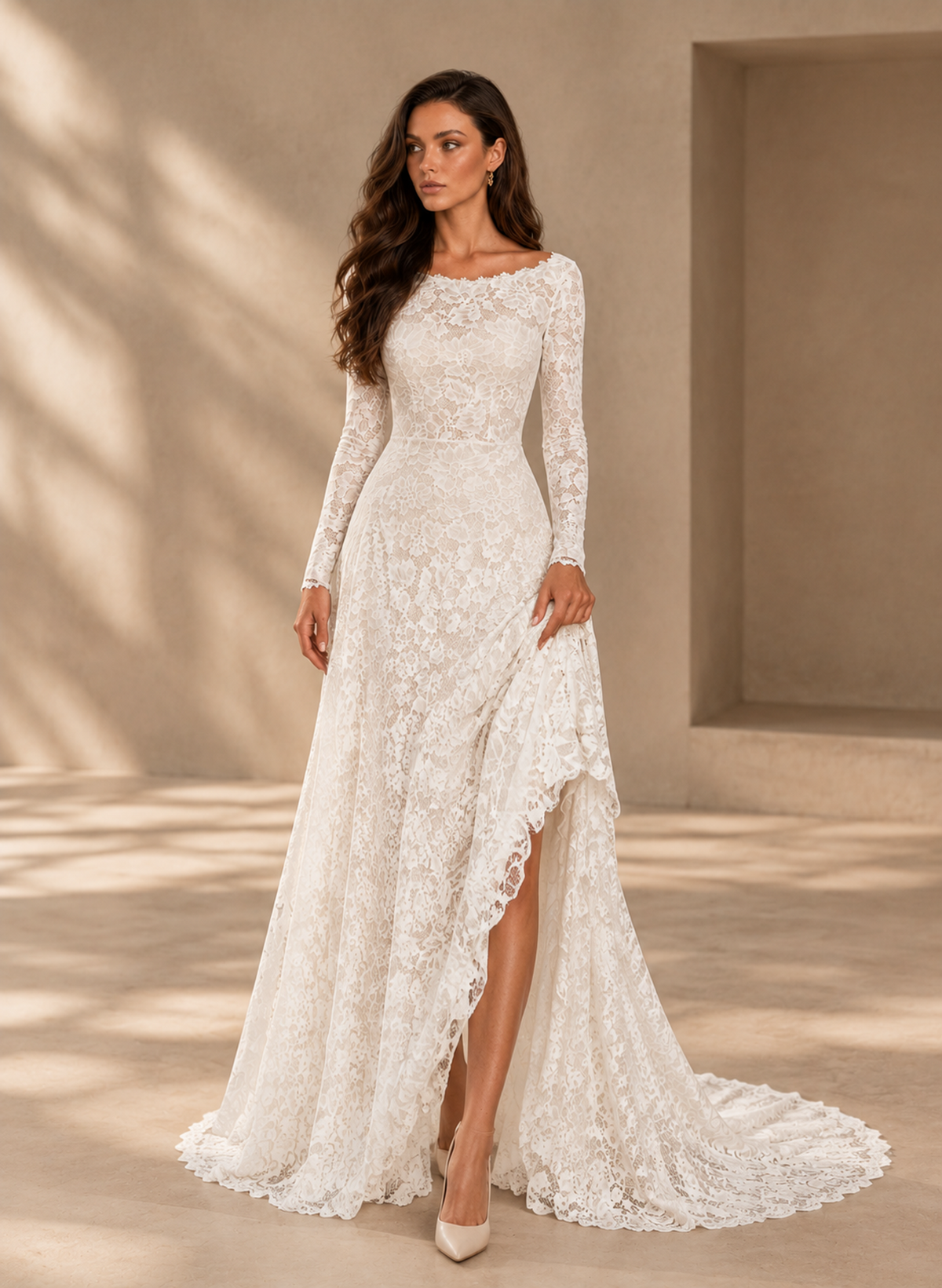 BOLODOO Ivory Long Sleeve Lace A-Line Wedding Dress with Open Back 