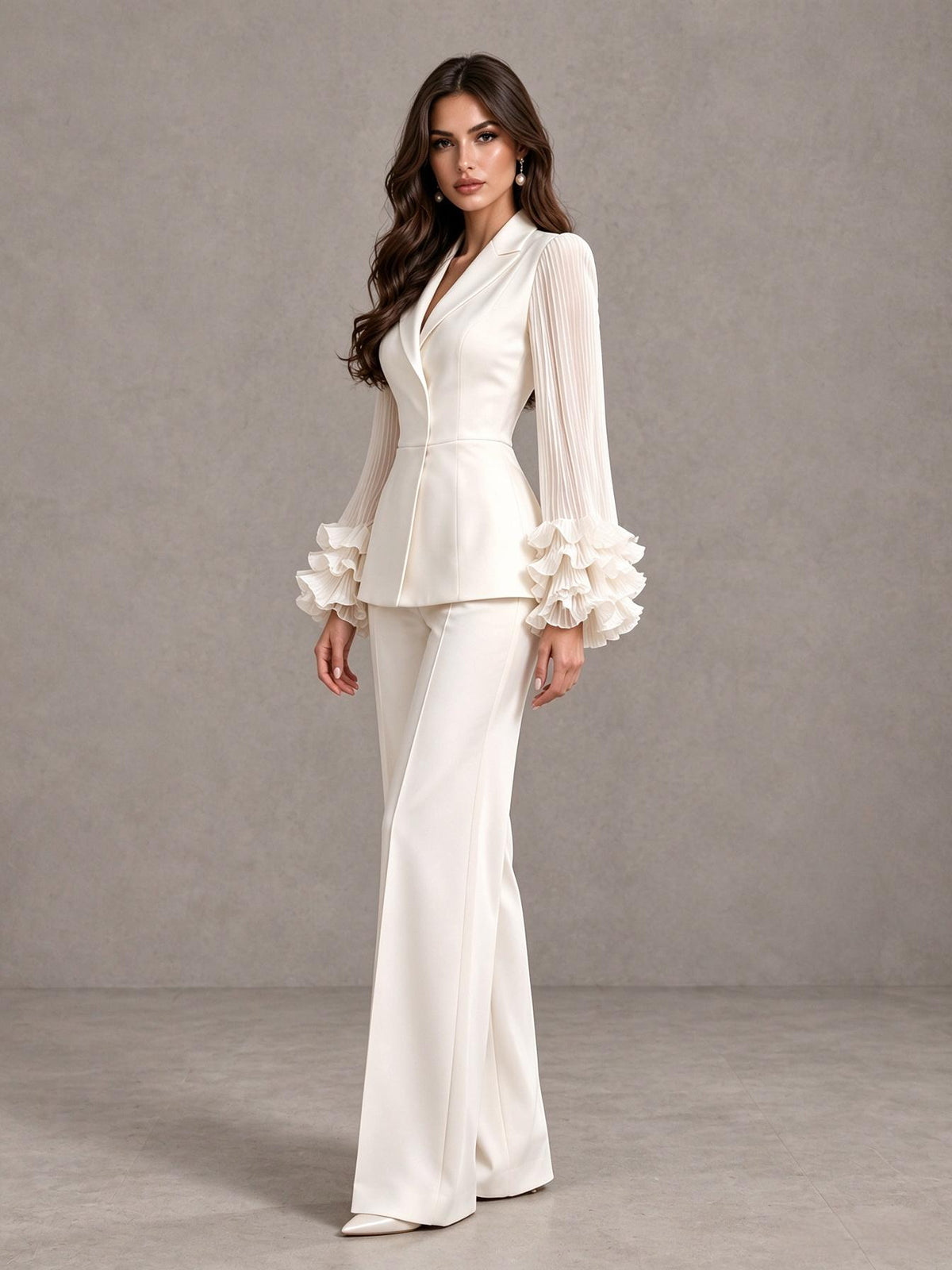 BOLODOO ivory two-piece trouser suit with V-neck blazer and full-length wide leg pants, front view