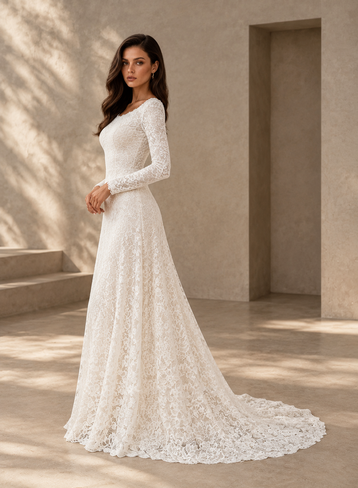 BOLODOO Ivory Long Sleeve Lace A-Line Wedding Dress with Open Back 