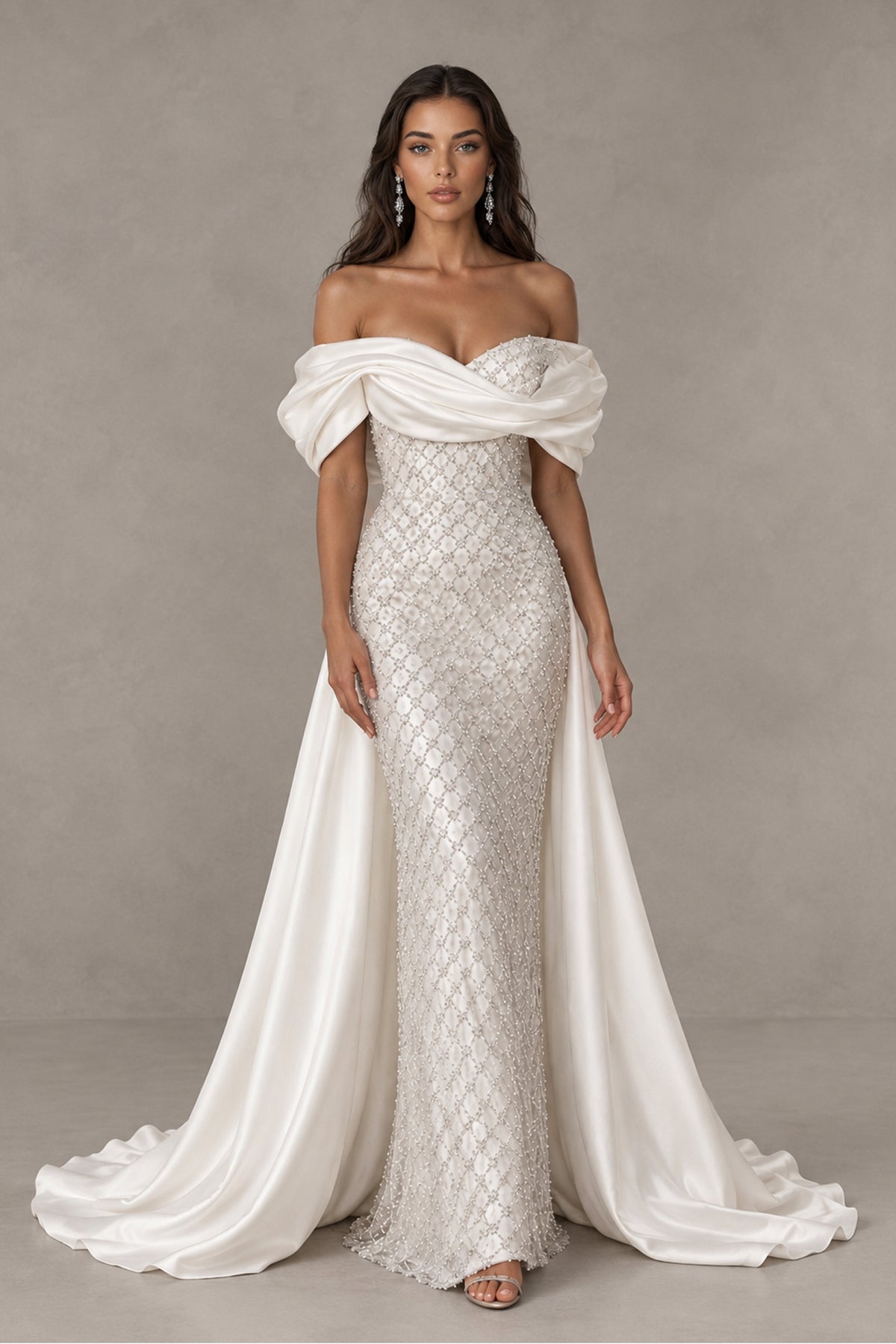 BOLODOO QQ056 ivory fitted evening dress front view showing short off-shoulder sleeves