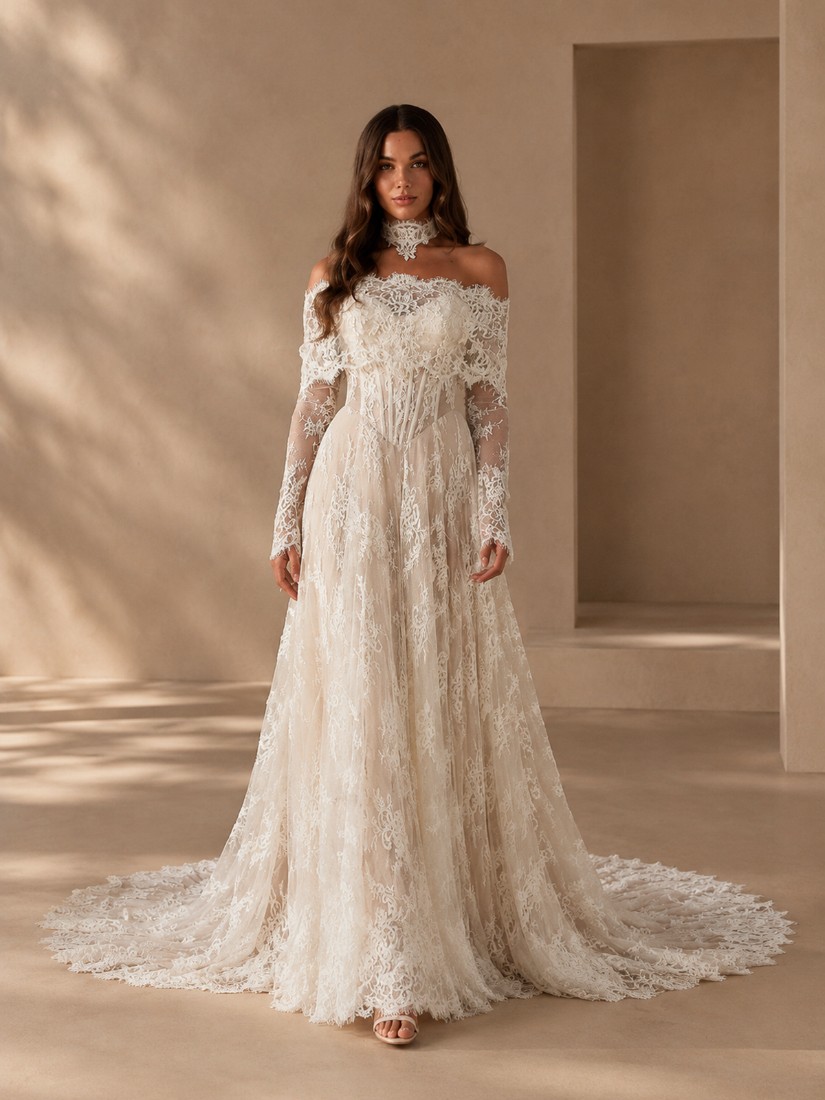 BOLODOO Ivory Off-the-Shoulder Long Sleeve Lace A-Line Wedding Dress 