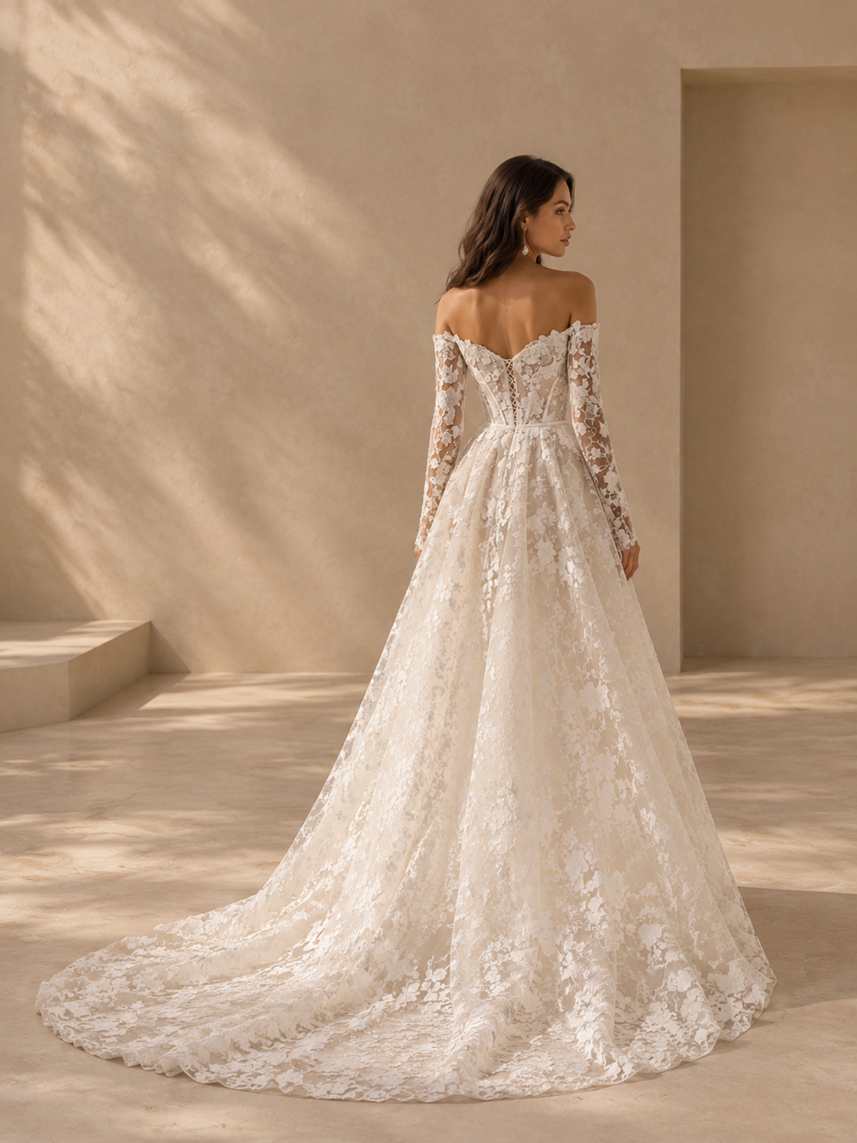 BOLODOO Ivory Off-the-Shoulder Long Sleeve Lace A-Line Wedding Dress with Train 