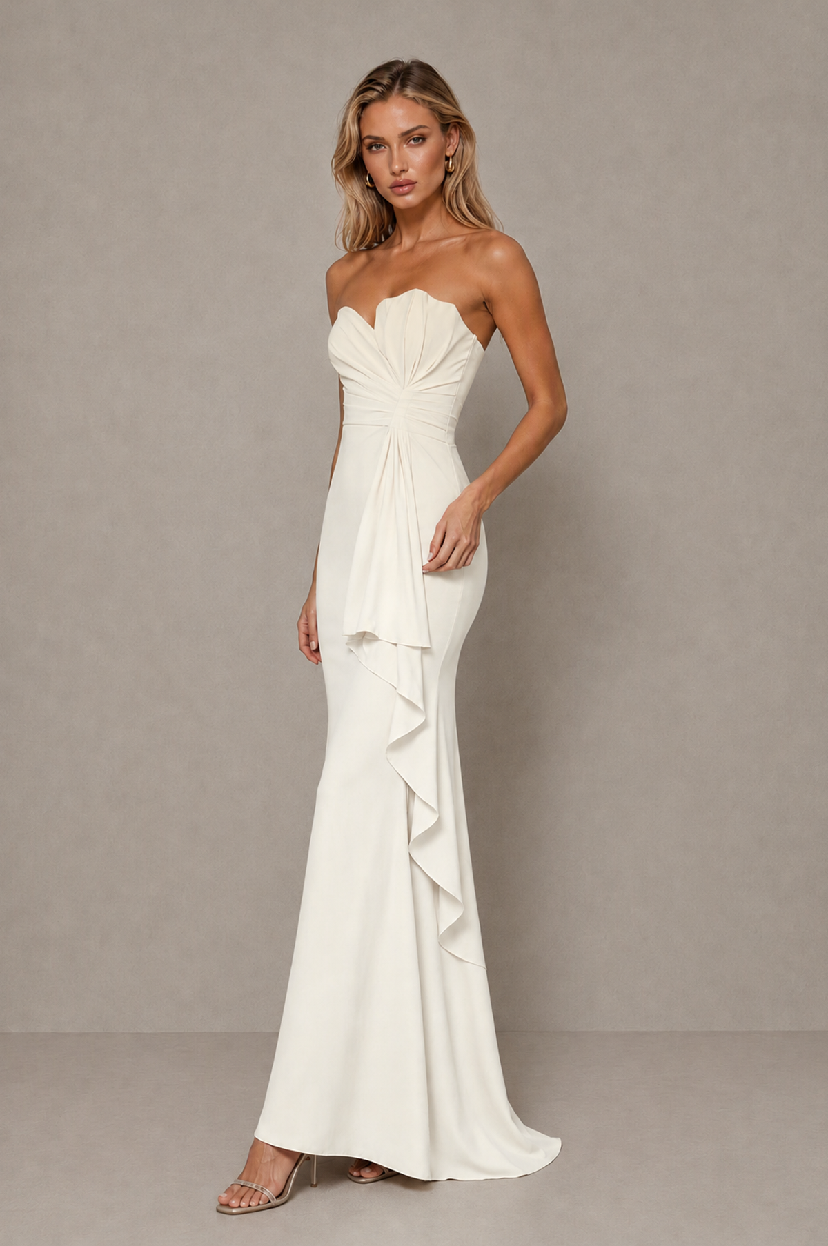 BOLODOO Ivory Strapless Sweetheart Ruched Mermaid Gown | Cascade Drape Formal Evening Dress 