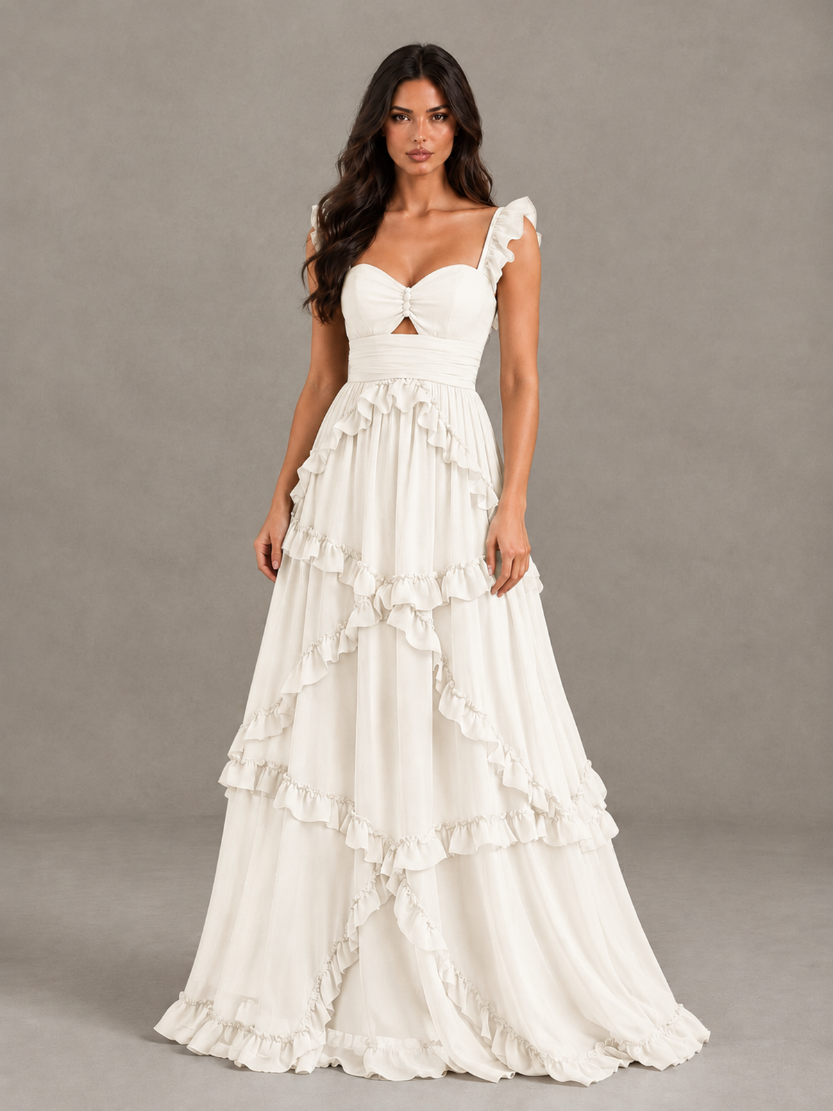 BOLODOO Ivory Ruffle A-Line Prom Dress with Open Back 