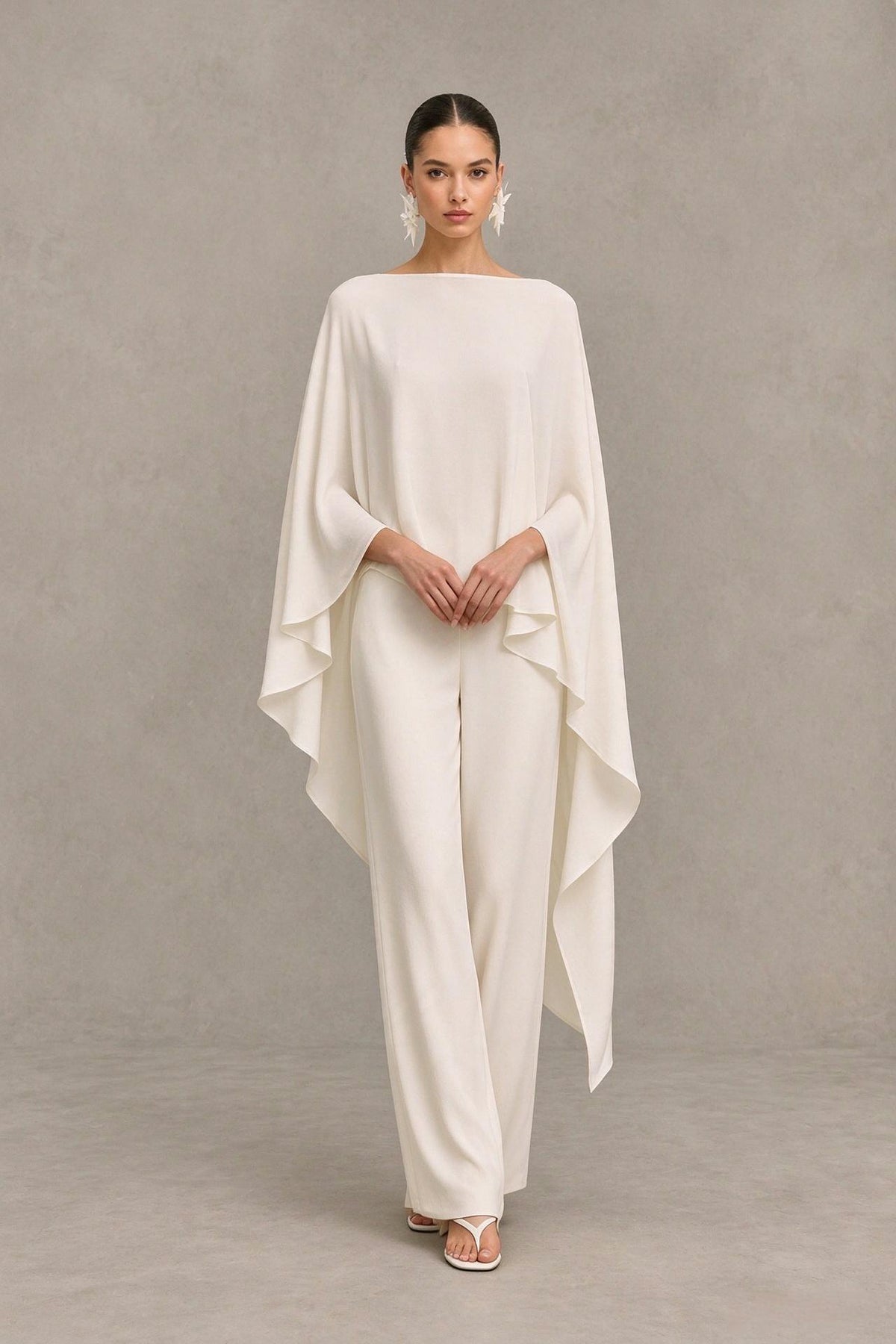 BOLODOO Ivory Cape Sleeve Wide-Leg Formal Pantsuit 