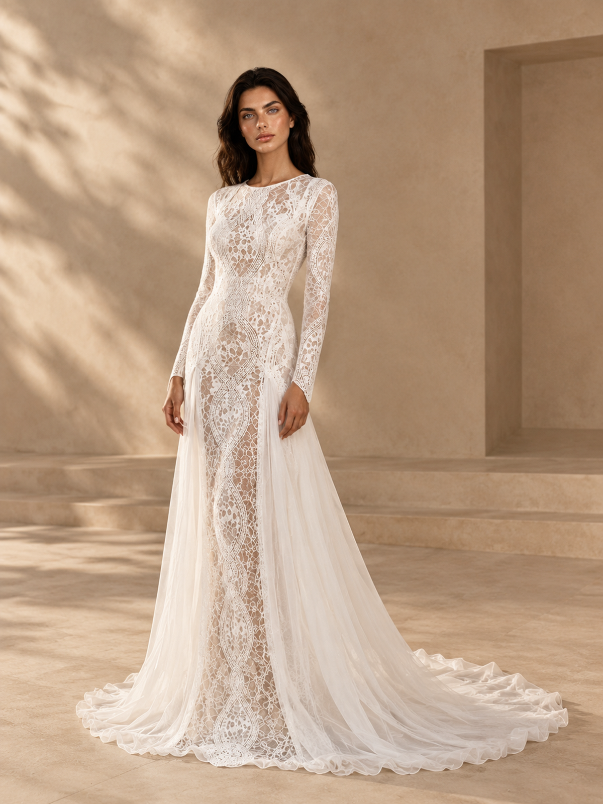 BOLODOO Ivory Long Sleeve Lace Wedding Dress with Open Back and Slit 
