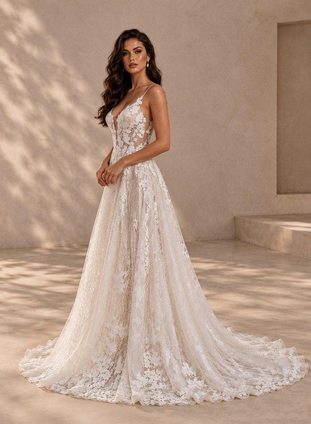 BOLODOO Ivory Floral Lace A-Line Wedding Dress with Open Back 