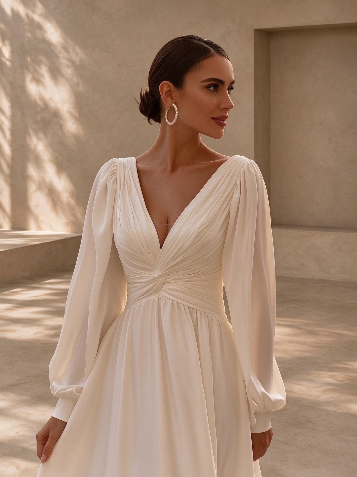 BOLODOO Ivory Long Sleeve V-Neck A-Line Wedding Dress with Open Back 