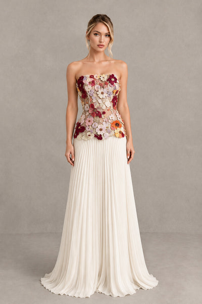 BOLODOO Ivory Red Strapless Floral Applique Pleated Evening Dress - Ivory Red - Ivory Red (1)