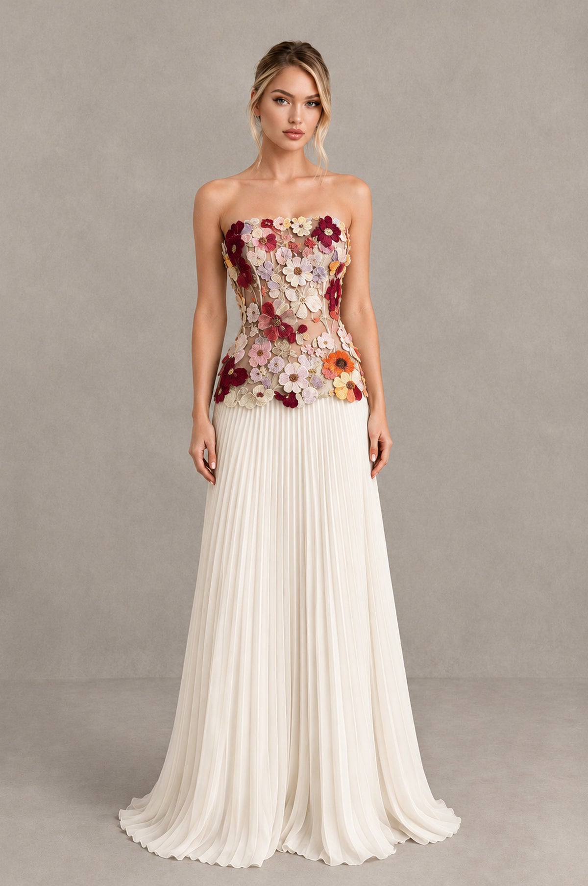 BOLODOO Ivory Red Strapless Floral Applique Pleated Evening Dress - Ivory Red - Ivory Red (1)