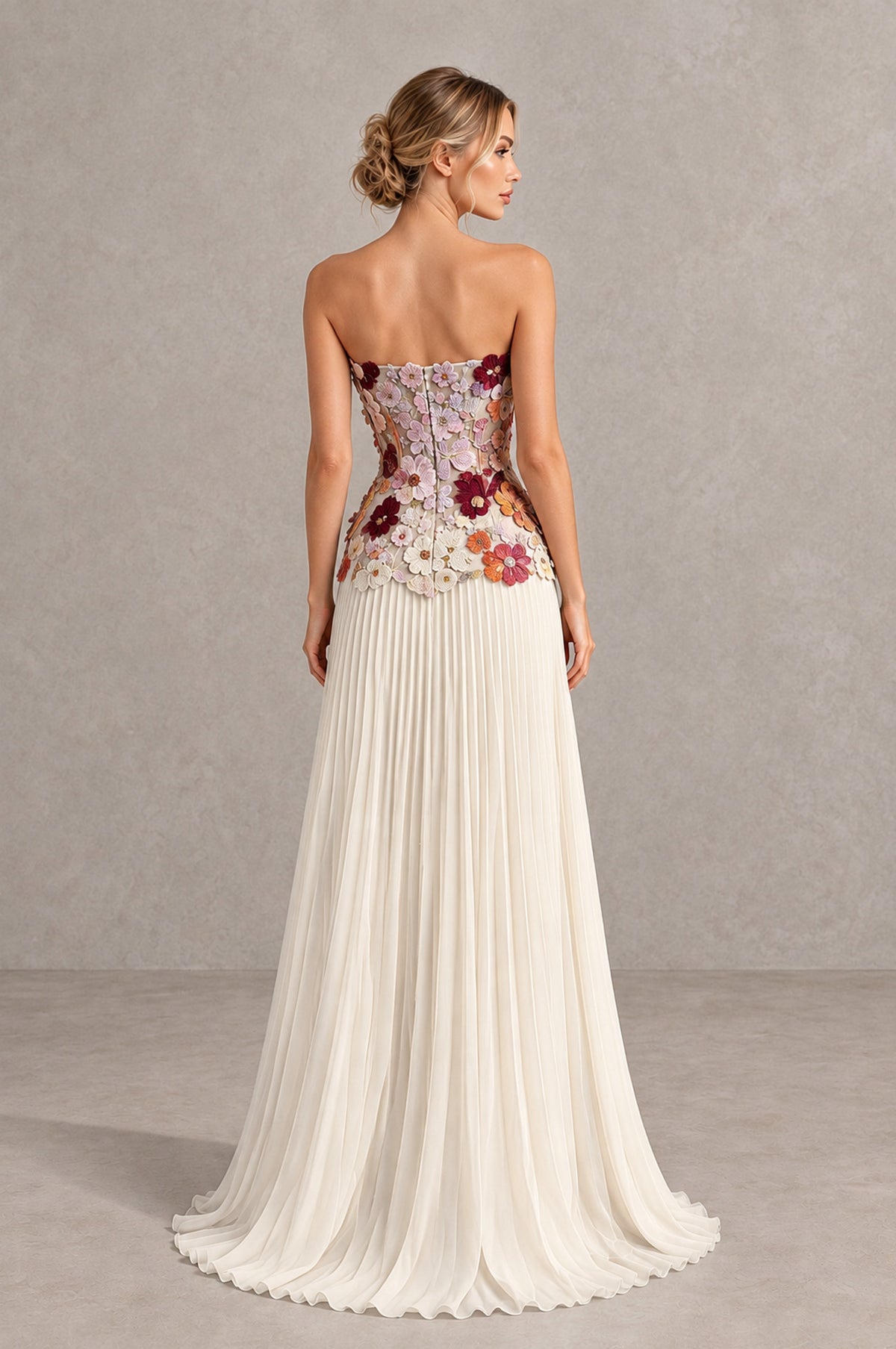 BOLODOO Ivory Red Strapless Floral Applique Pleated Evening Dress - Ivory Red - Ivory Red (2)