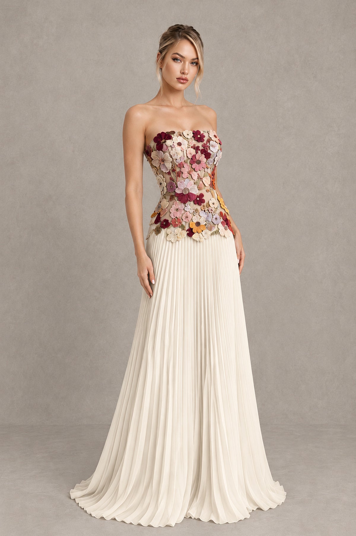 BOLODOO Ivory Red Strapless Floral Applique Pleated Evening Dress - Ivory Red - Ivory Red (3)
