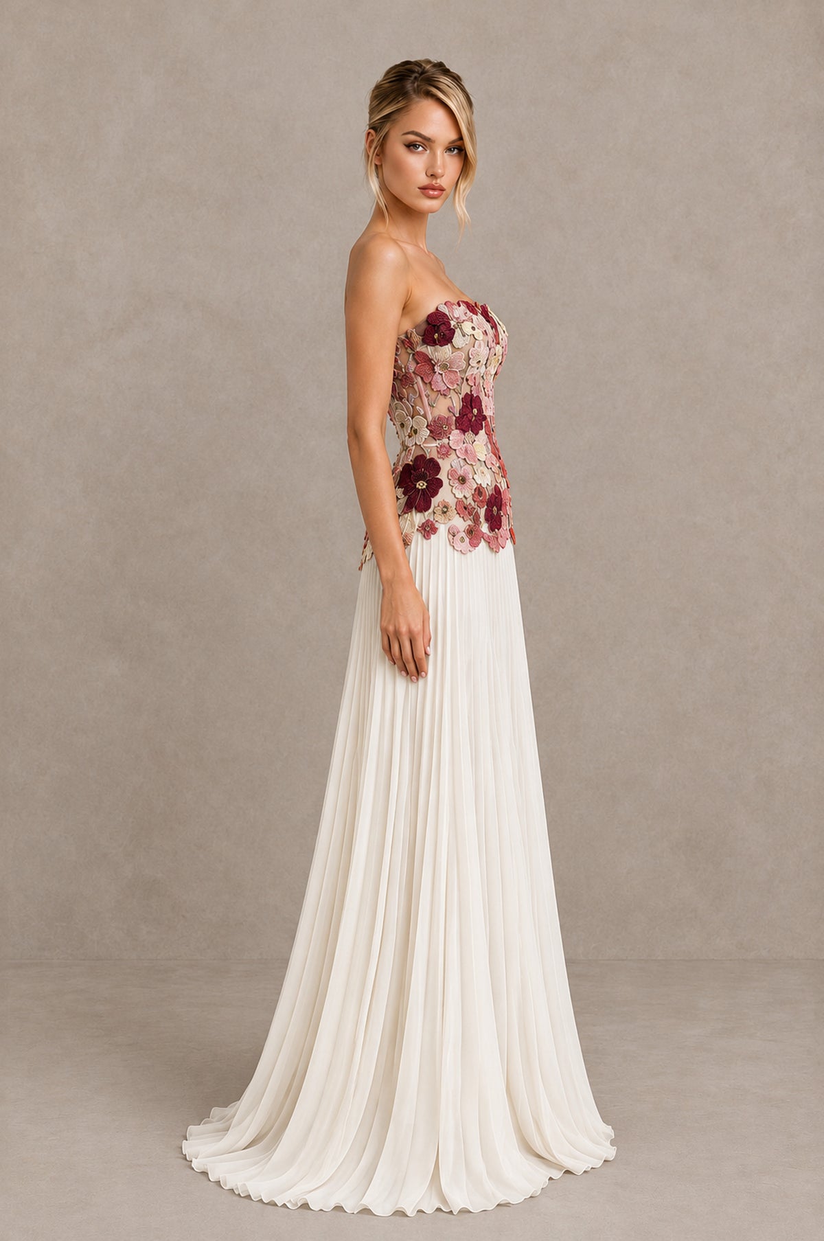 BOLODOO Ivory Red Strapless Floral Applique Pleated Evening Dress - Ivory Red - Ivory Red (4)