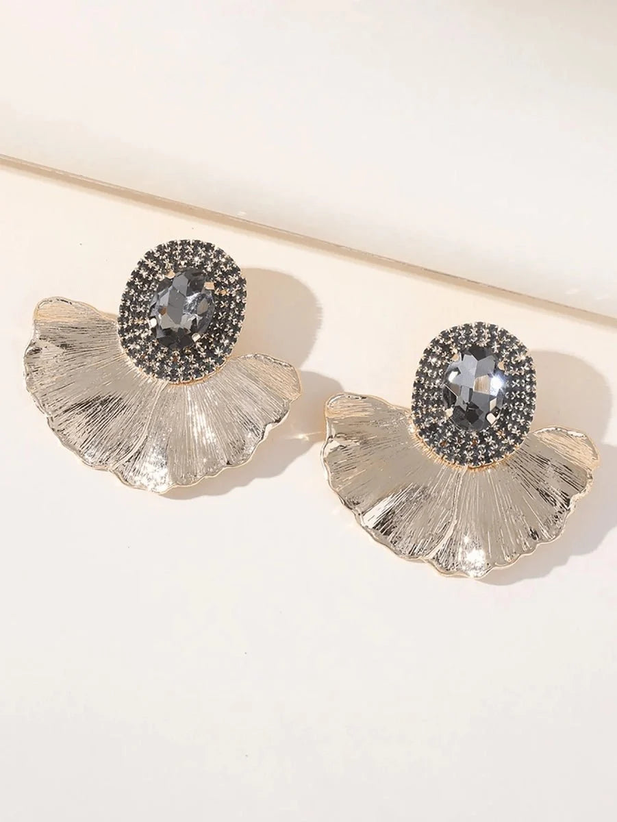 Royal Blue Rhinestones Leaf Floral Oval Earrings - BOLODOO