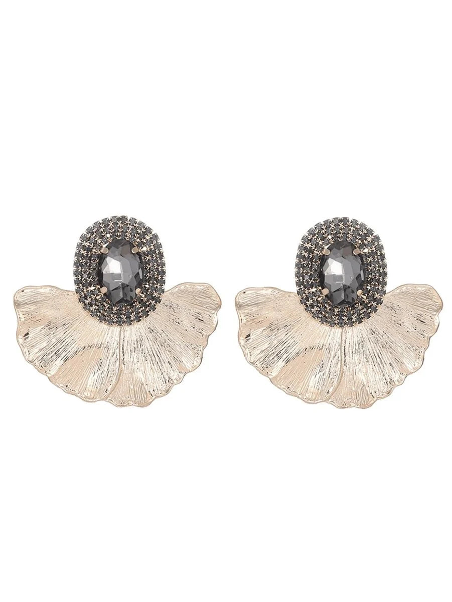 Royal Blue Rhinestones Leaf Floral Oval Earrings