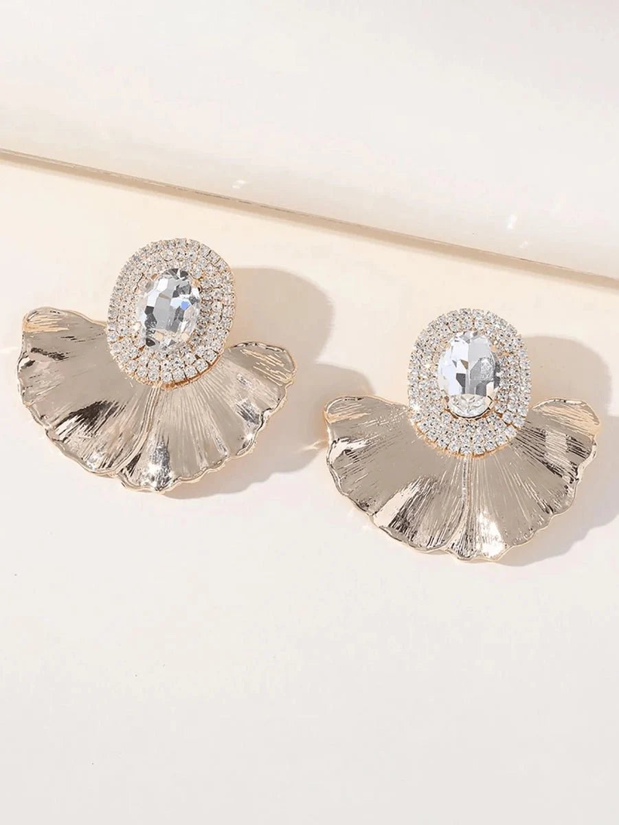 Royal Blue Rhinestones Leaf Floral Oval Earrings - BOLODOO