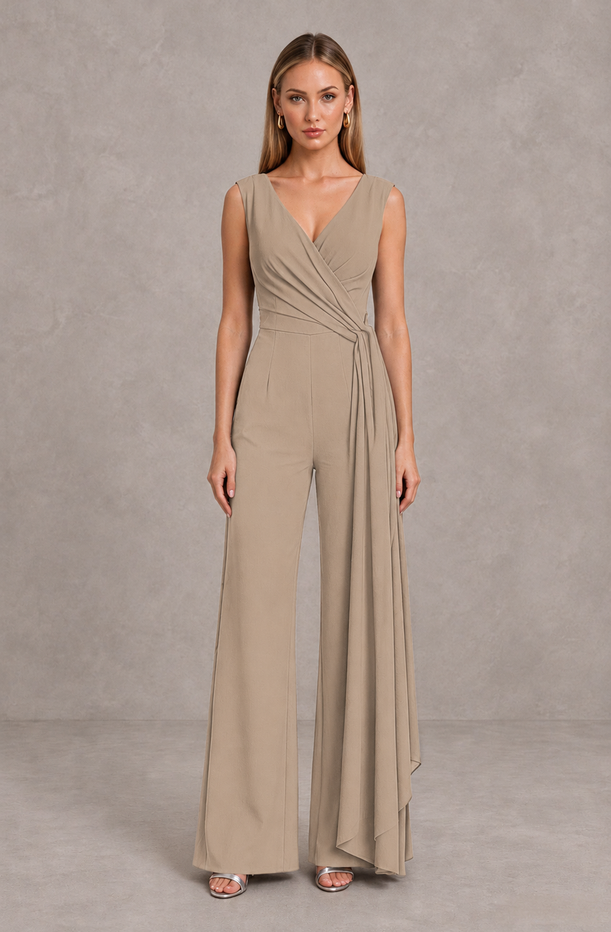 BOLODOO Khaki Sleeveless V-Neck Wide-Leg Jumpsuit with Side Drape - Khaki - Khaki_01