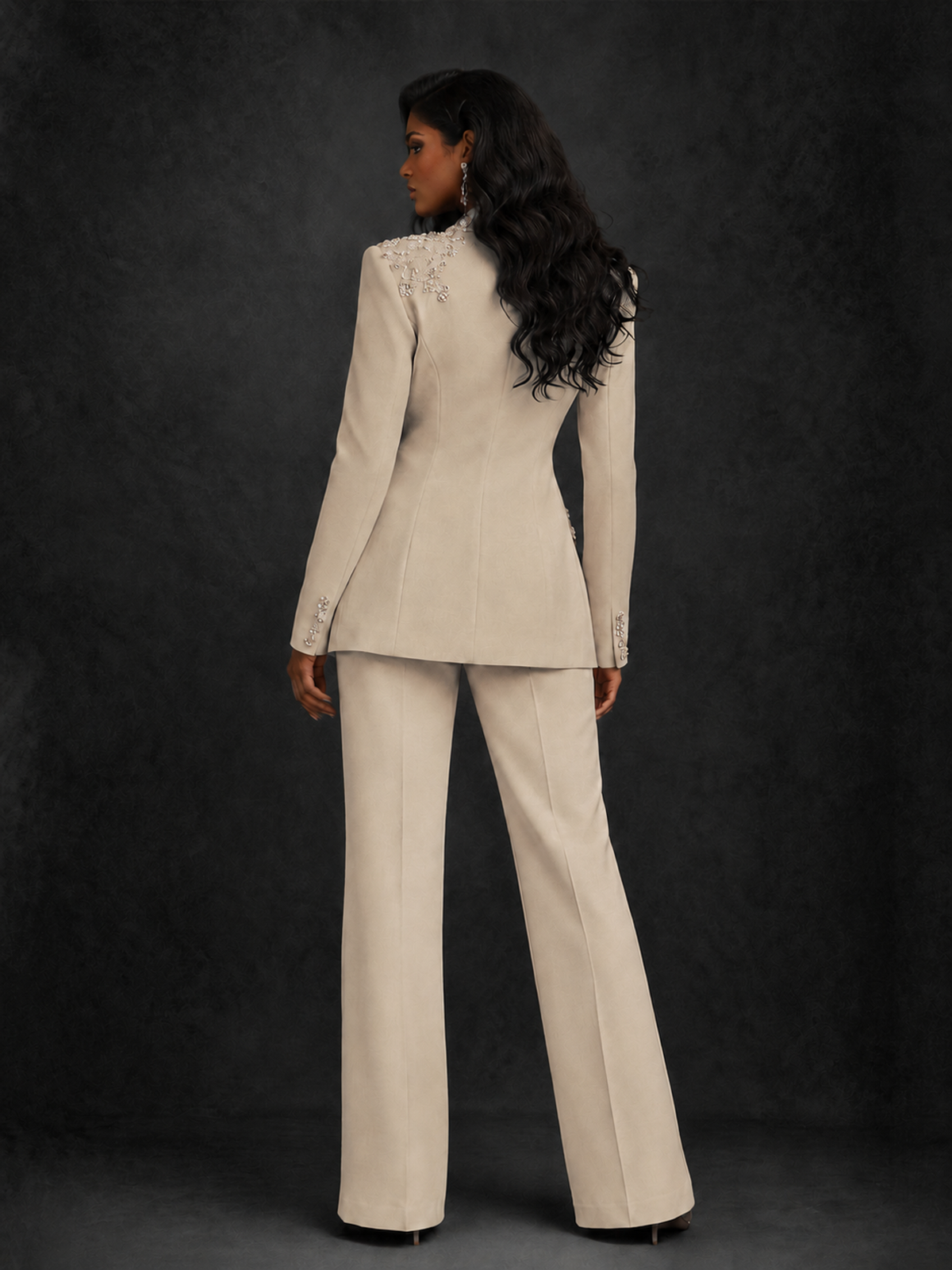 BOLODOO Khaki Pearl Rhinestone Floral Deep V-Neck Blazer Wide-Leg Pants Suit Set - Khaki - Khaki_02