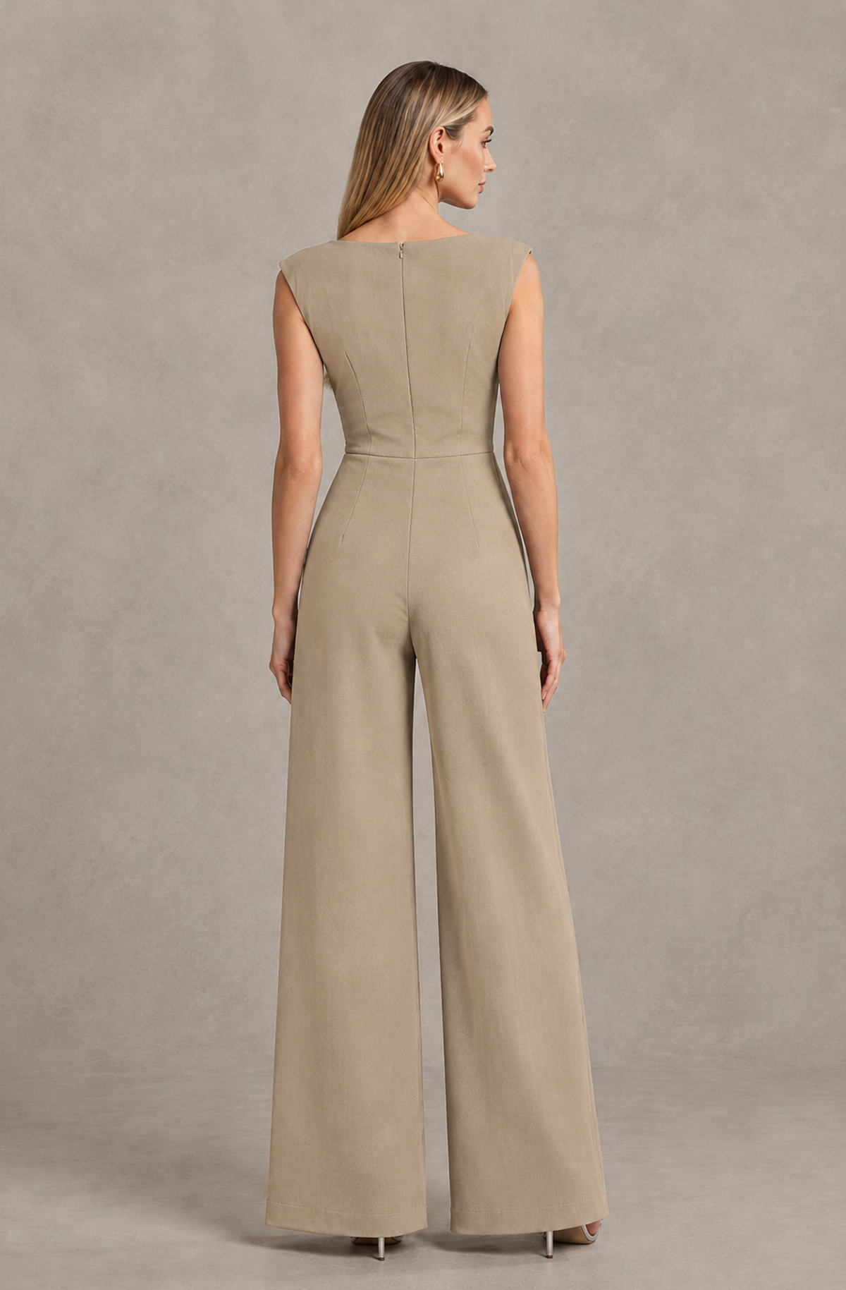BOLODOO Khaki Sleeveless V-Neck Wide-Leg Jumpsuit with Side Drape - Khaki - Khaki_02