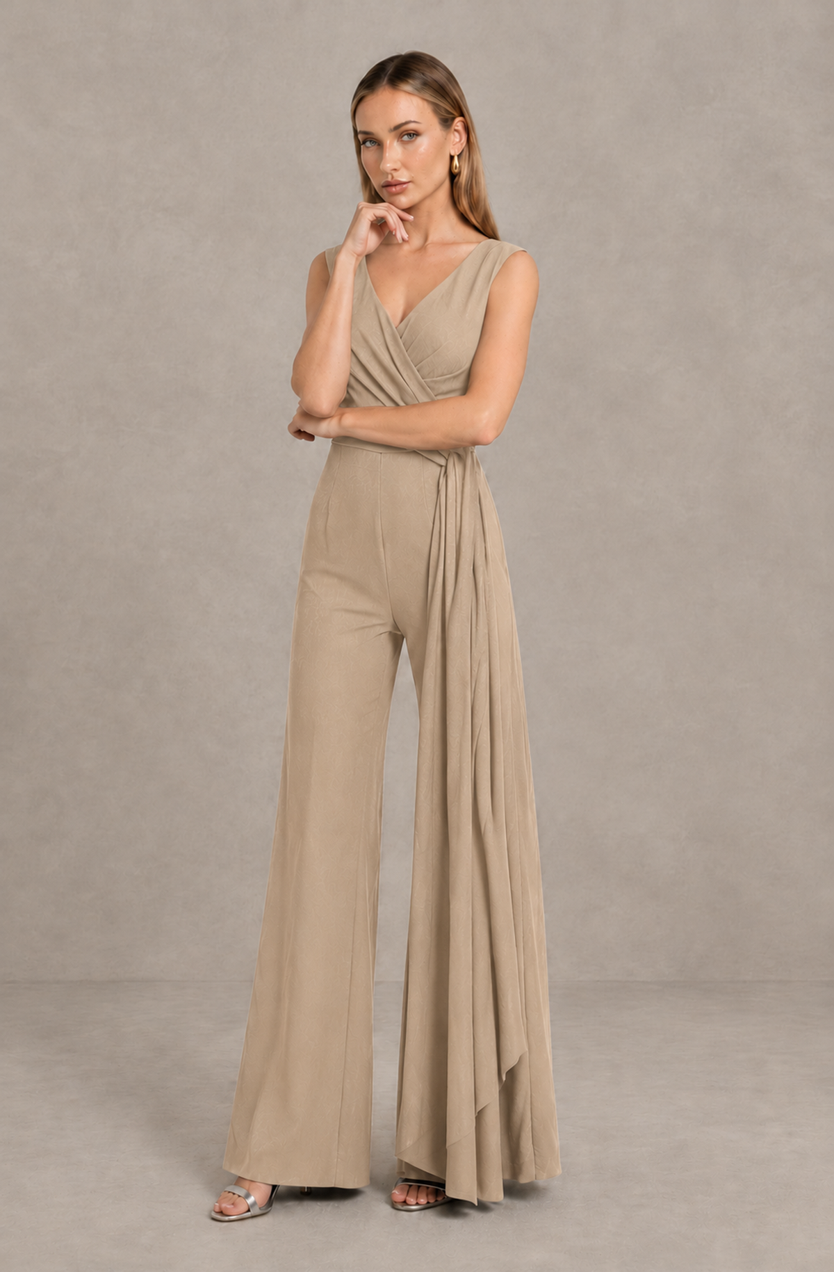 BOLODOO Khaki Sleeveless V-Neck Wide-Leg Jumpsuit with Side Drape - Khaki - Khaki_03