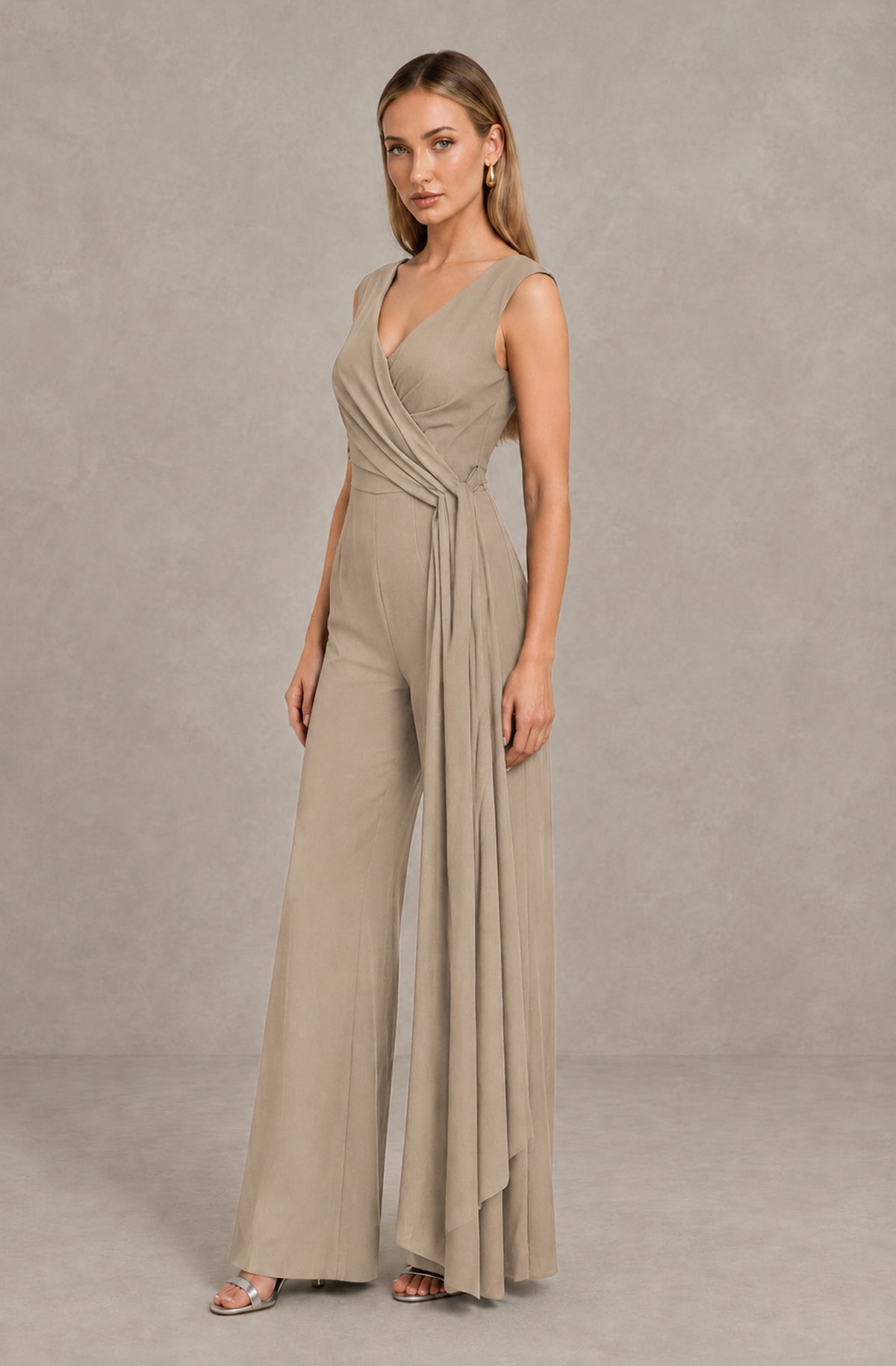 BOLODOO Khaki Sleeveless V-Neck Wide-Leg Jumpsuit with Side Drape - Khaki - Khaki_04