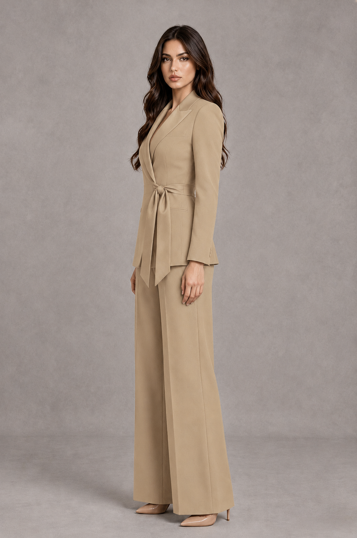 BOLODOO Khaki Tie-Waist Blazer & Wide-Leg Pantsuit - Khaki - Khaki_04