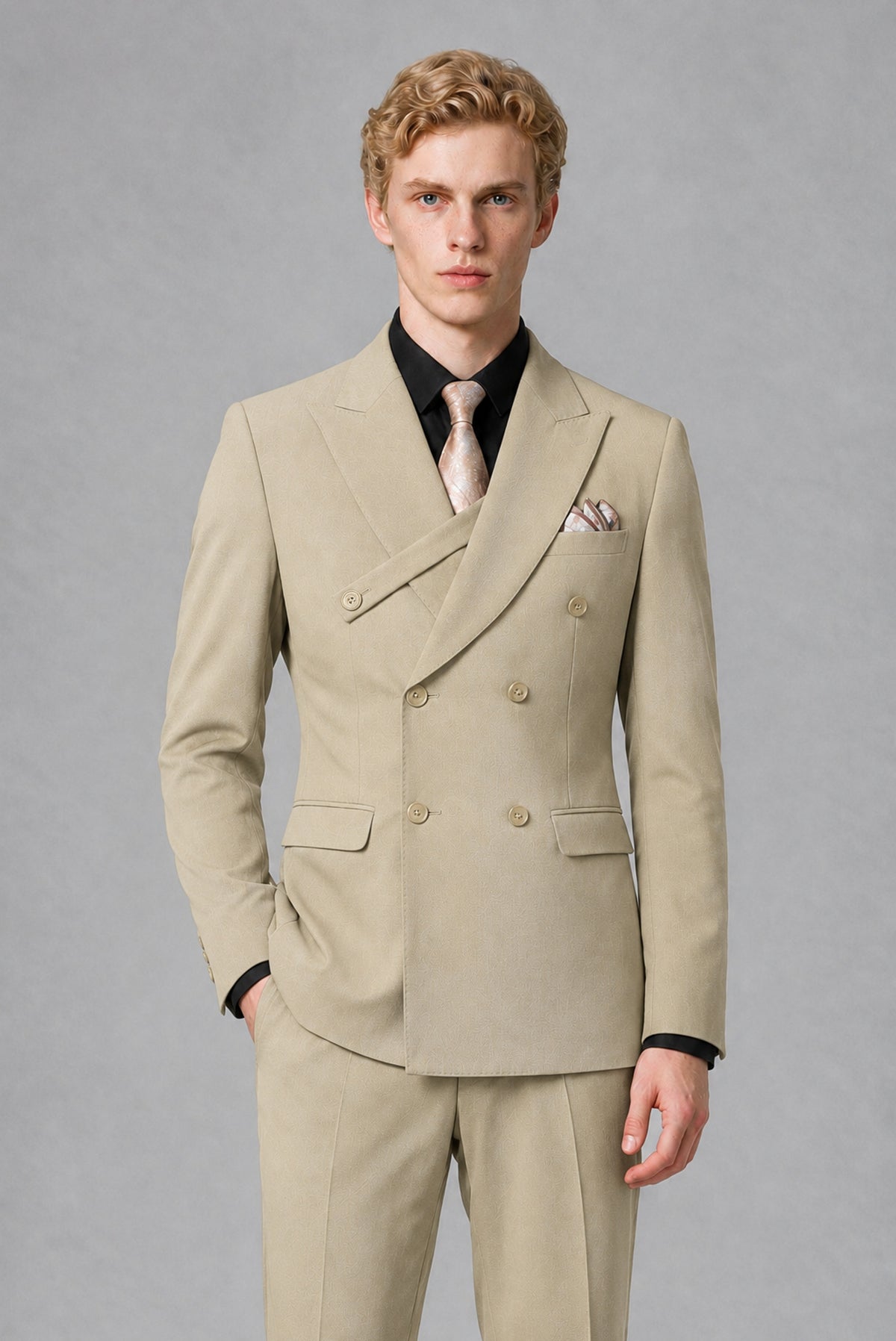 BOLODOO Men's Khaki Double-Breasted Two-Piece Suit – Jacket & Trousers - Khaki