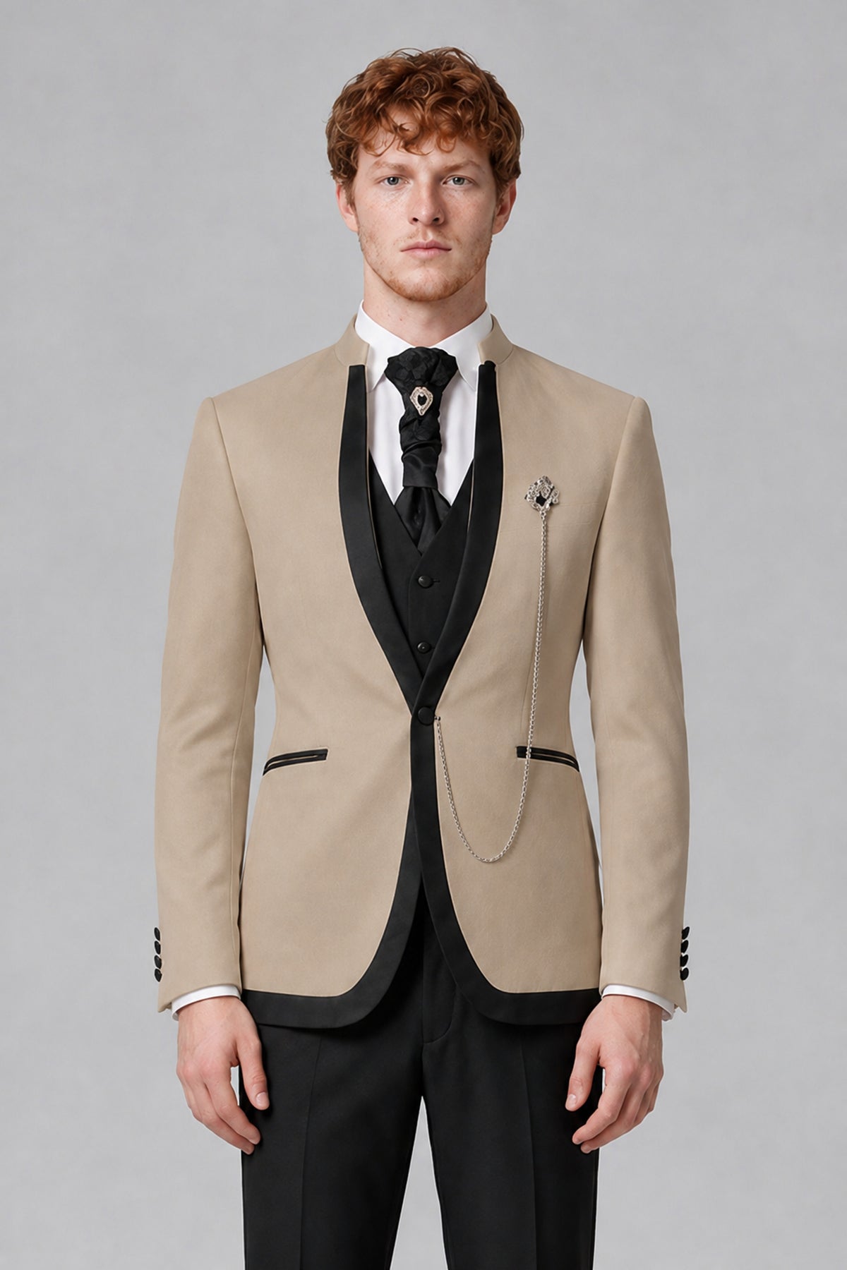 Bolodoo Men's Khaki 3-Piece Shawl Lapel Tuxedo Suit with Vest - Khaki - Khaki_1