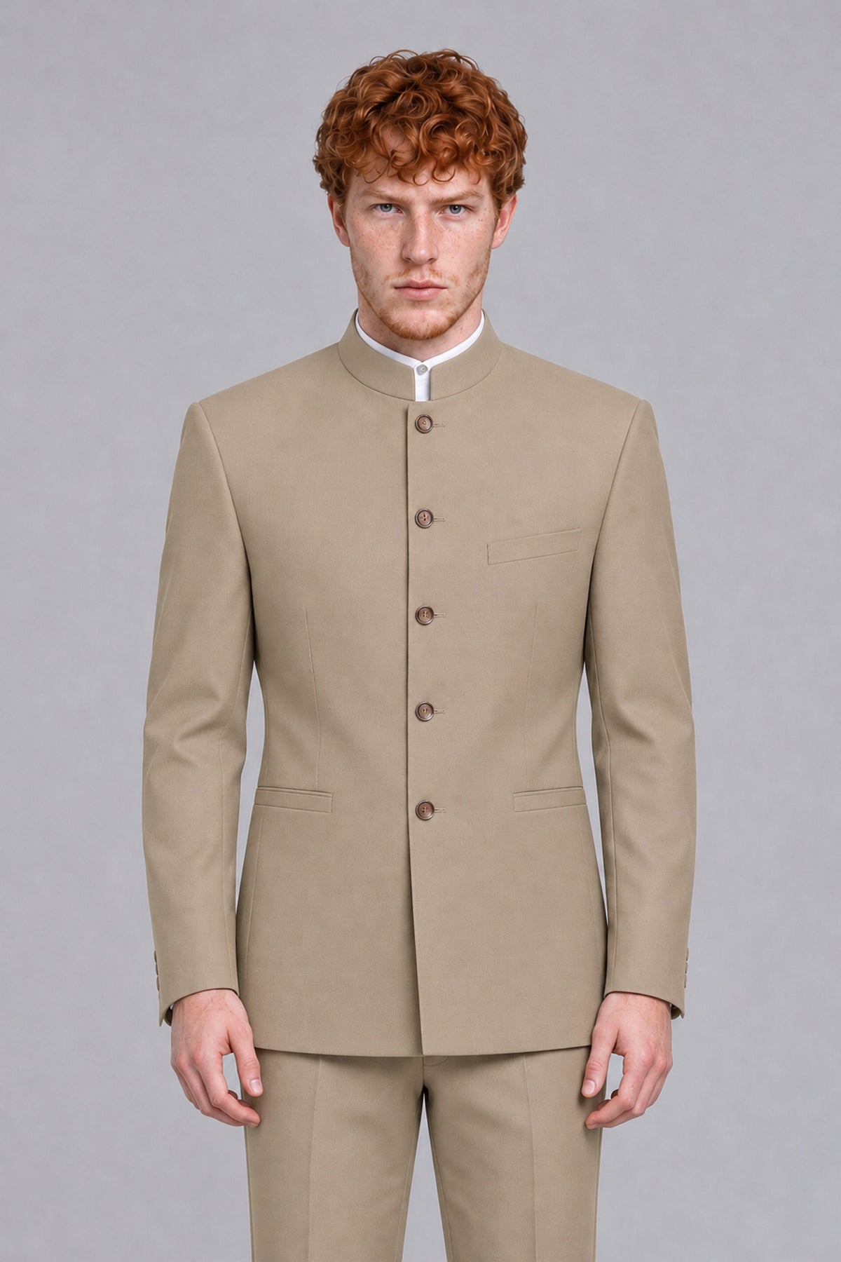 BOLODOO Men's Khaki Mandarin Collar Two-Piece Suit - Khaki - Khaki_1