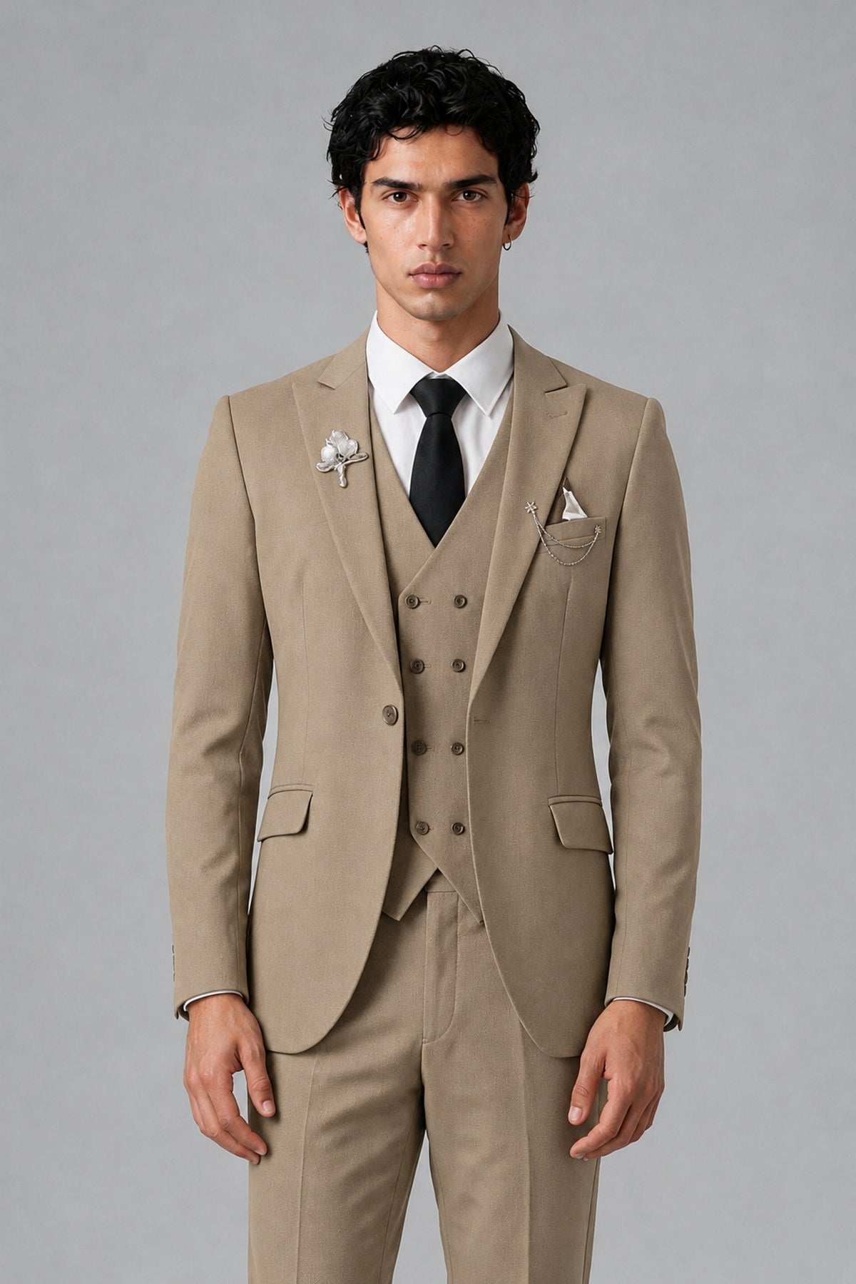 Bolodoo Men's Khaki 2-Piece Suit – Notch Lapel Jacket & Trousers - Khaki - Khaki_1