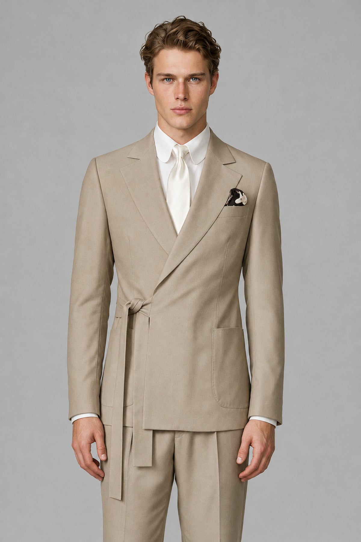 Bolodoo Men's Khaki Wrap Tie-Waist Two-Piece Suit – Jacket & Trousers - Khaki - Khaki_1