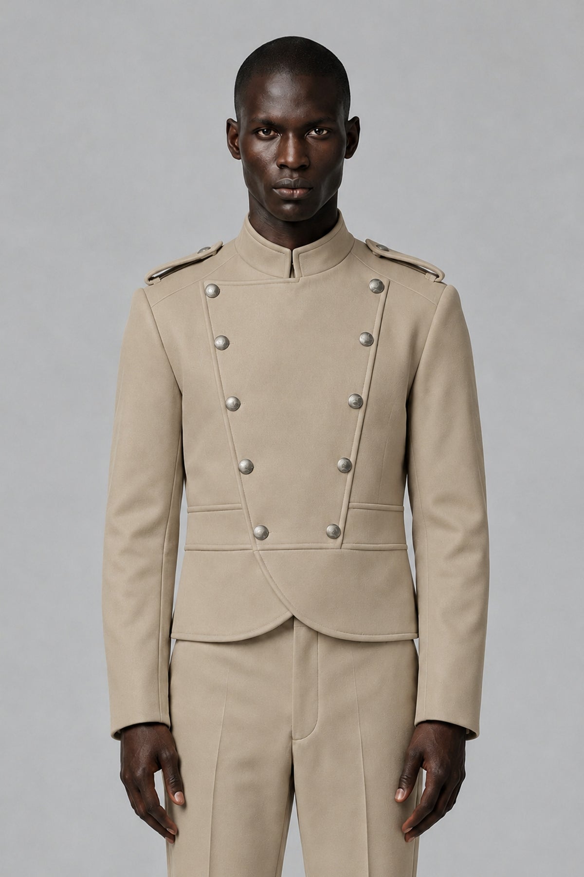 Bolodoo Men's Khaki Military-Inspired Two-Piece Suit with Stand Collar - Khaki - Khaki_1