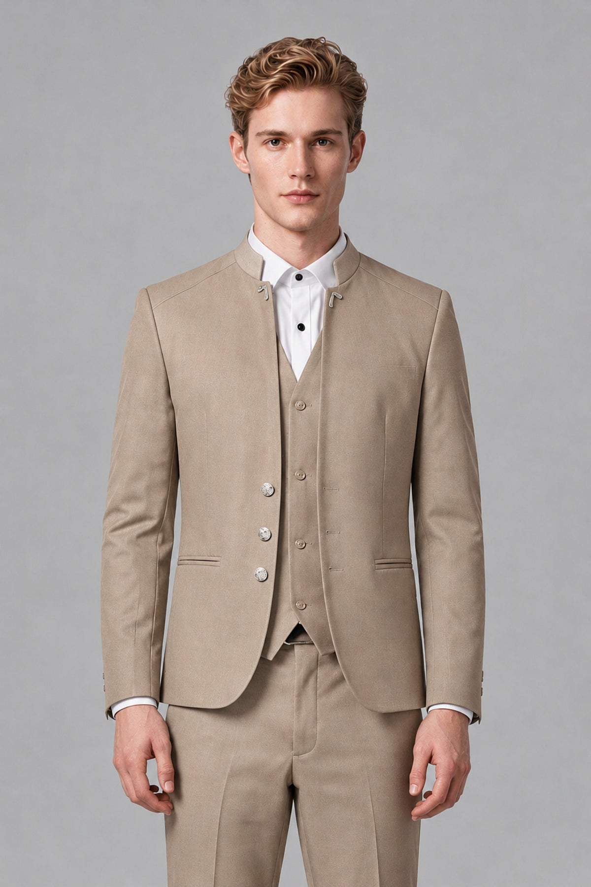 Bolodoo Men's Khaki Mandarin Collar 3-Piece Suit – Jacket, Vest & Trousers - Khaki - Khaki_1