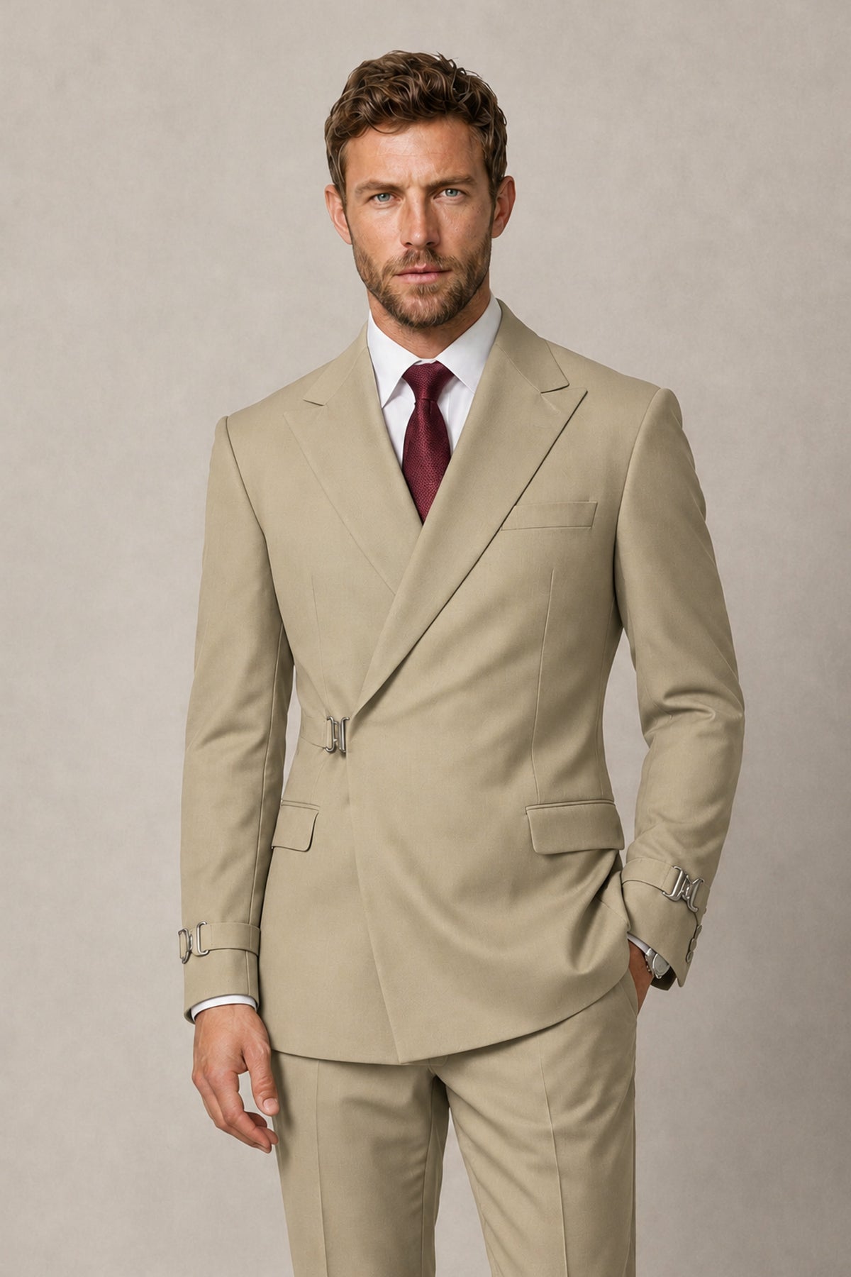 BOLODOO Men's Khaki Double-Breasted 2-Piece Suit Set – Blazer & Tailored Trousers - Khaki