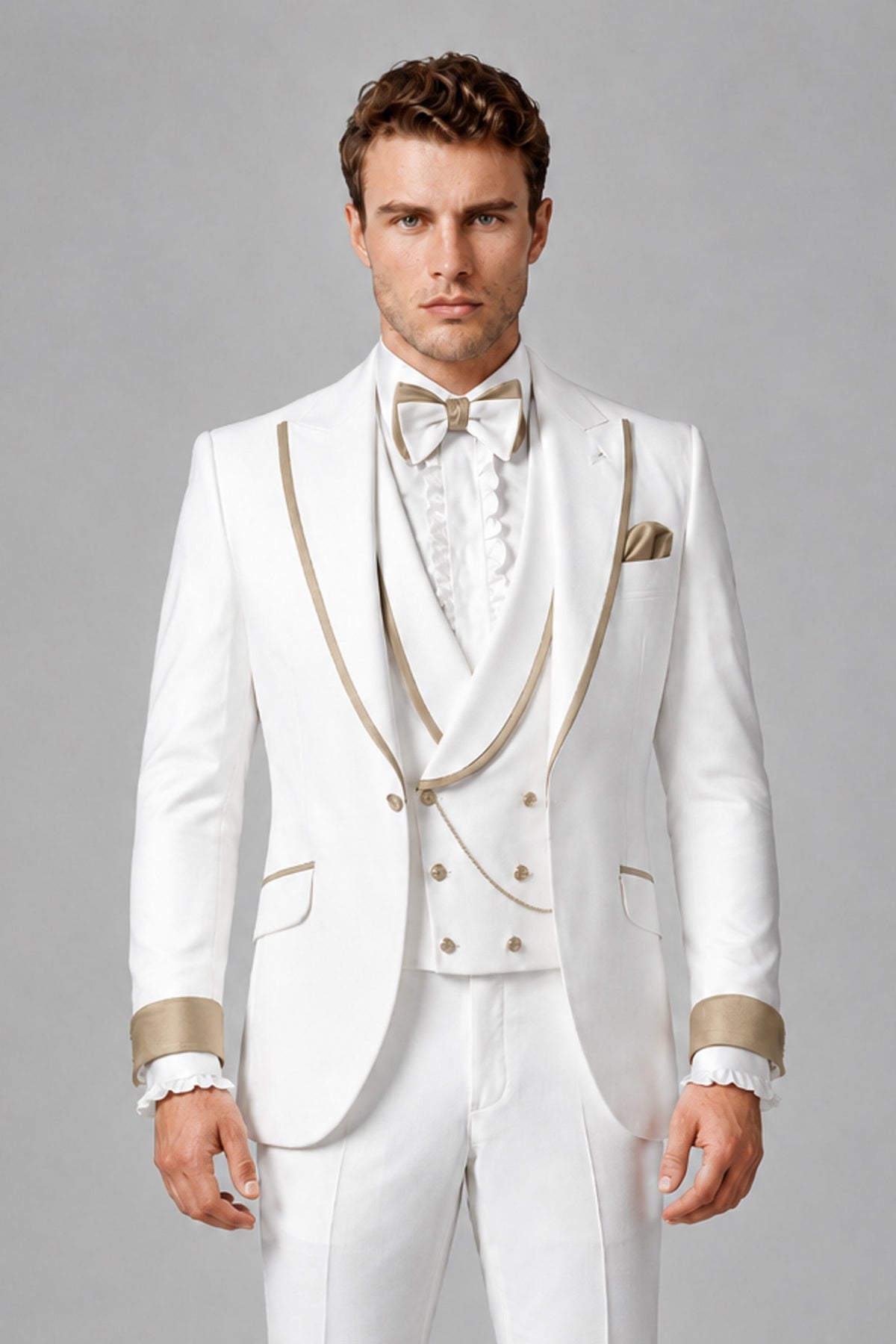 Bolodoo Men's White and Khaki Three-Piece Wedding Tuxedo Suit - Khaki - Khaki_1