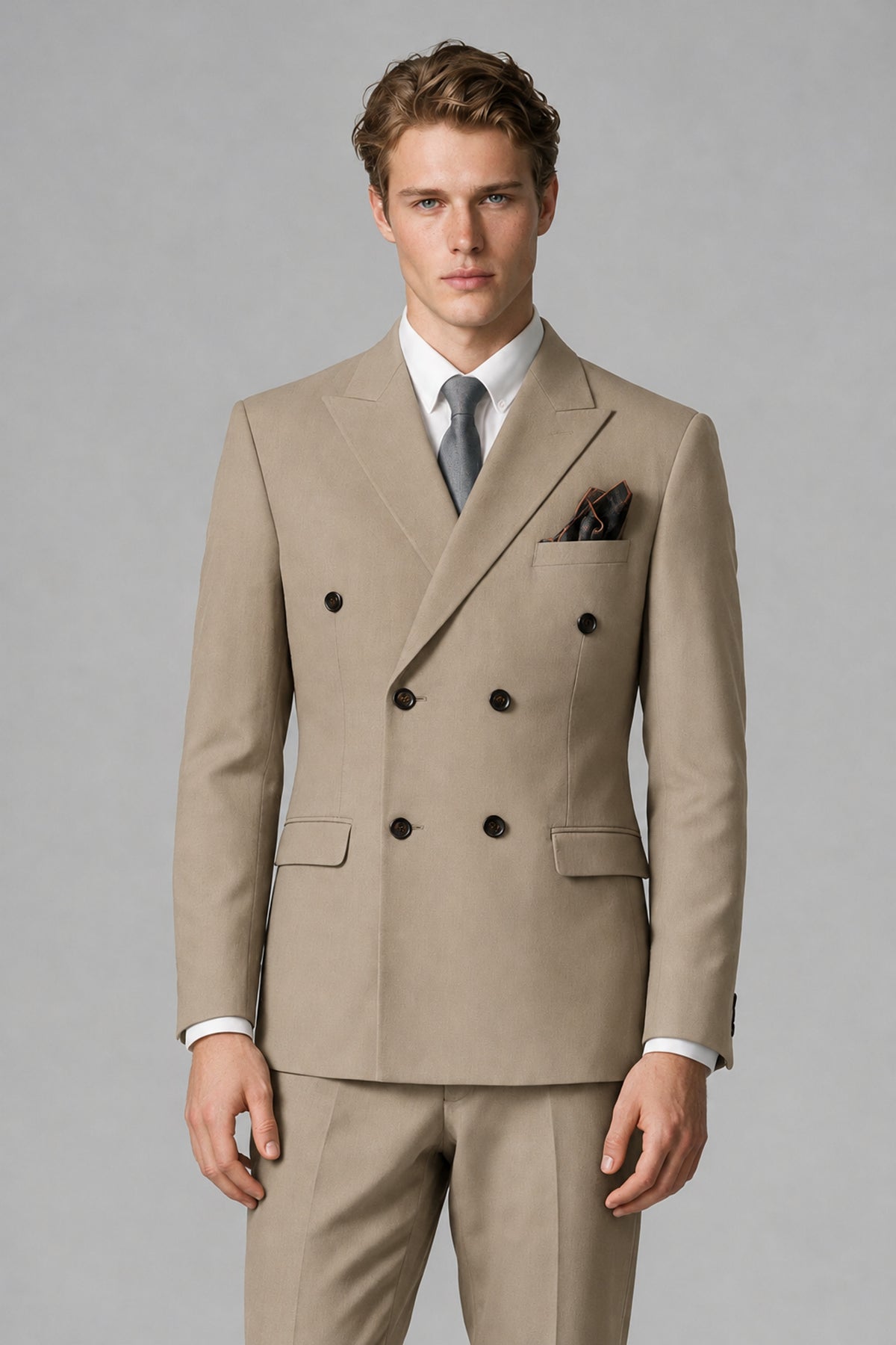 Bolodoo Men's Khaki Double-Breasted Two-Piece Suit with Peak Lapels - Khaki - Khaki_1
