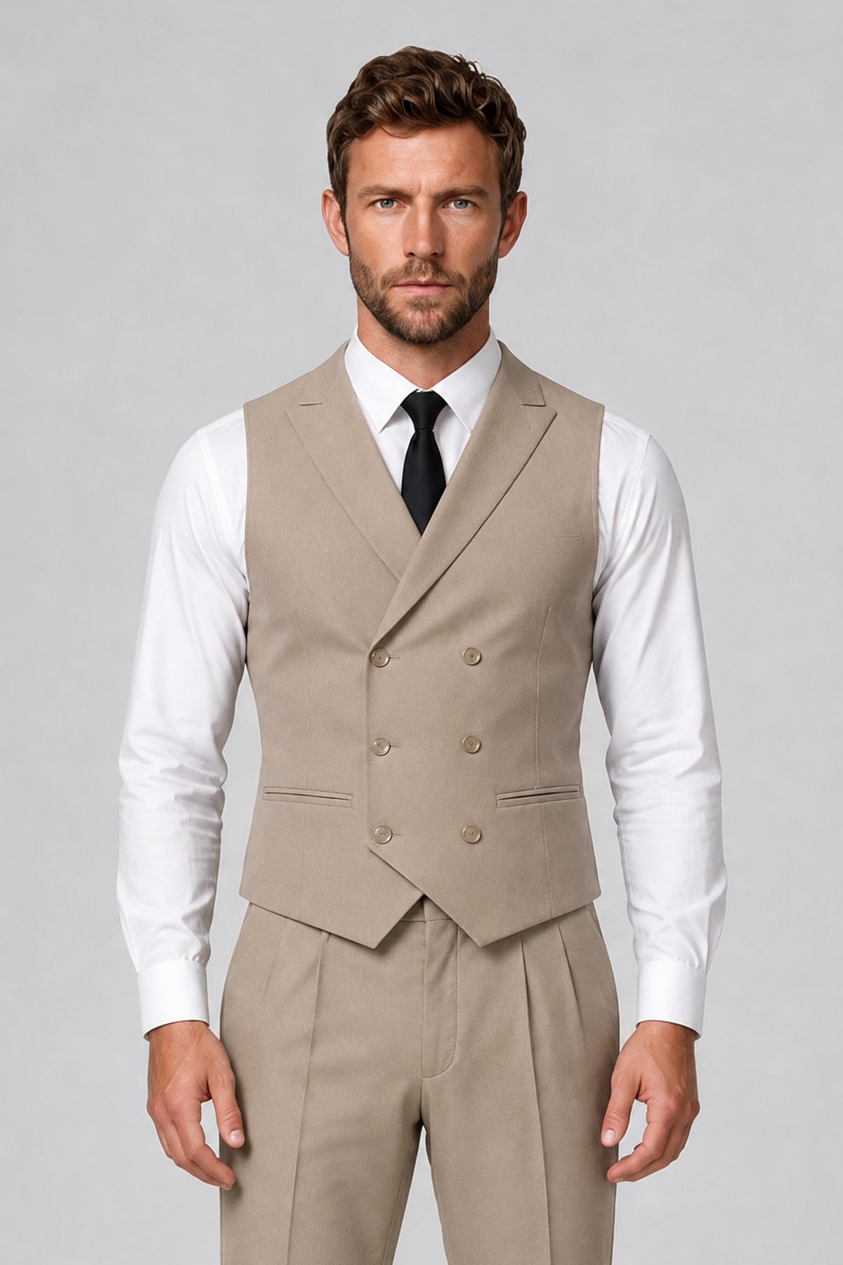 Bolodoo Men's Khaki Double-Breasted Vest and Pants 2-Piece Suit - Khaki - Khaki_1