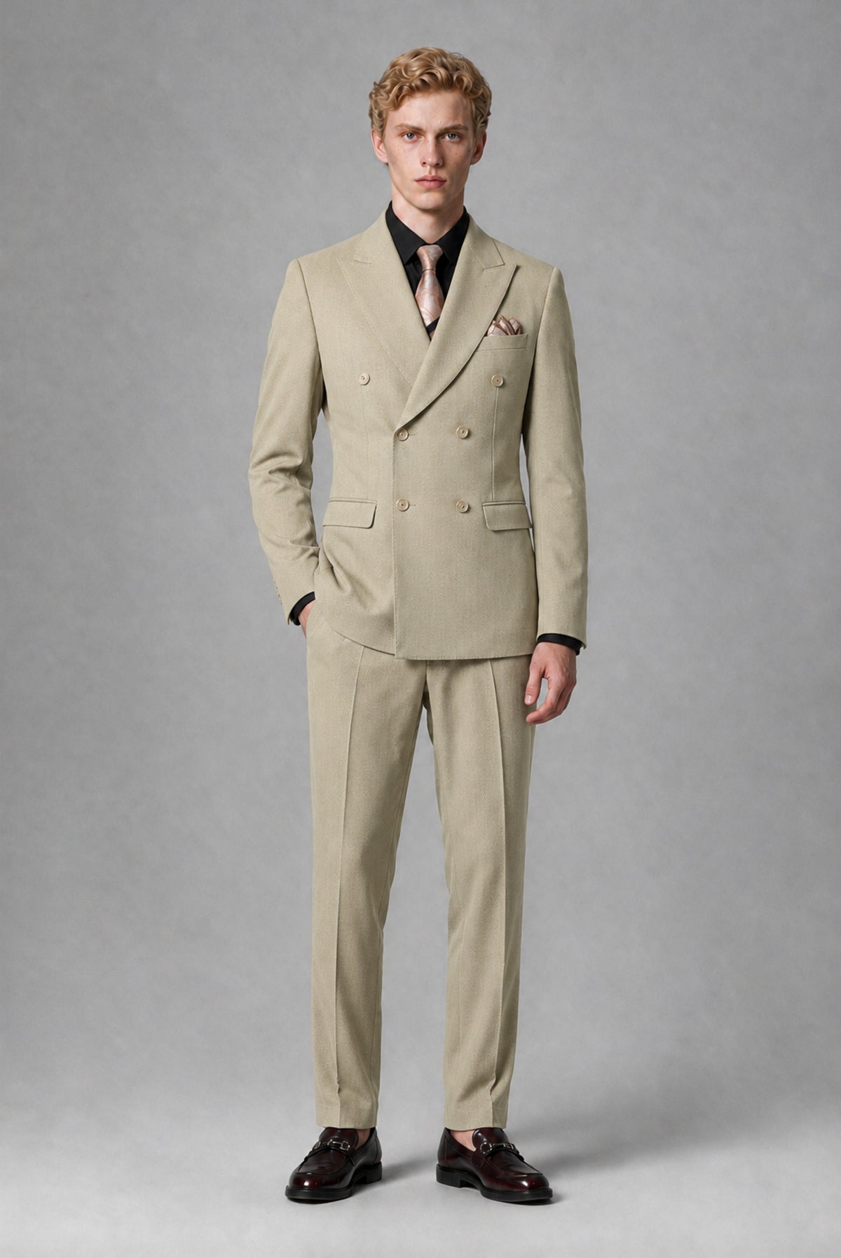BOLODOO Men's Khaki Double-Breasted Two-Piece Suit – Jacket & Trousers - Khaki