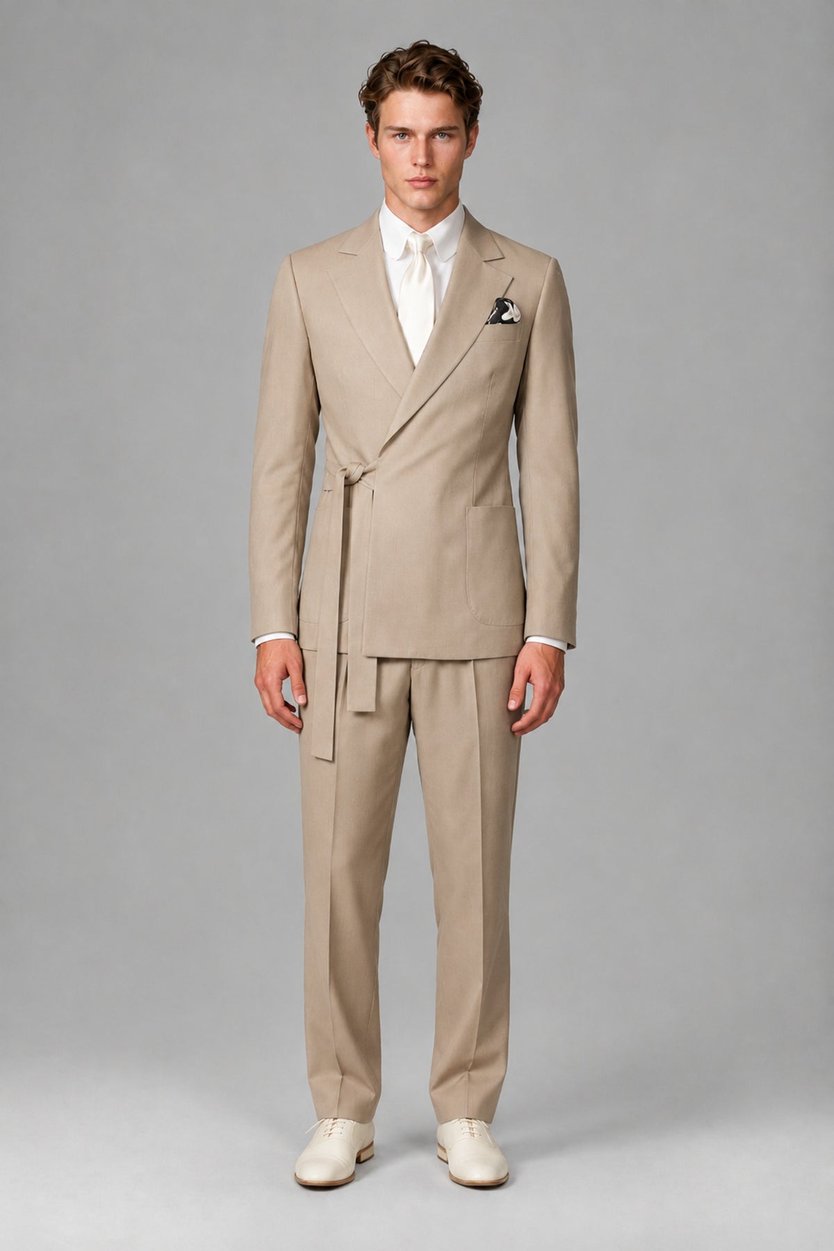 Bolodoo Men's Khaki Wrap Tie-Waist Two-Piece Suit – Jacket & Trousers - Khaki - Khaki_2