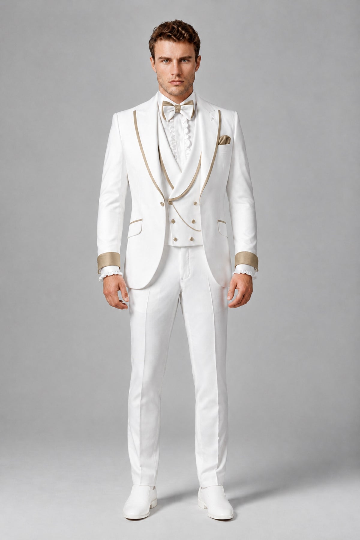 Bolodoo Men's White and Khaki Three-Piece Wedding Tuxedo Suit - Khaki - Khaki_2